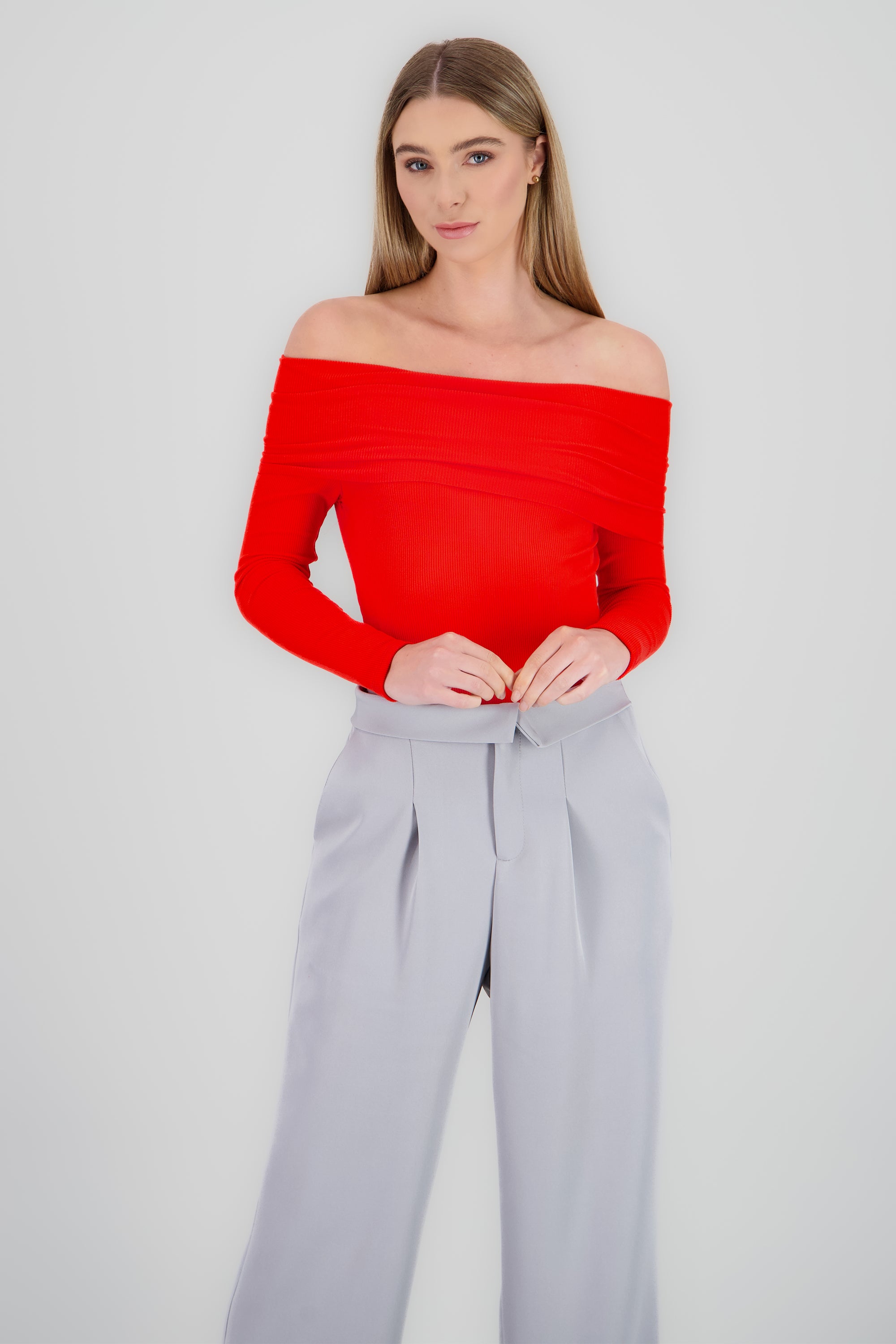 Bodysuit off shoulder manga larga rib ROJO AMAPOLA