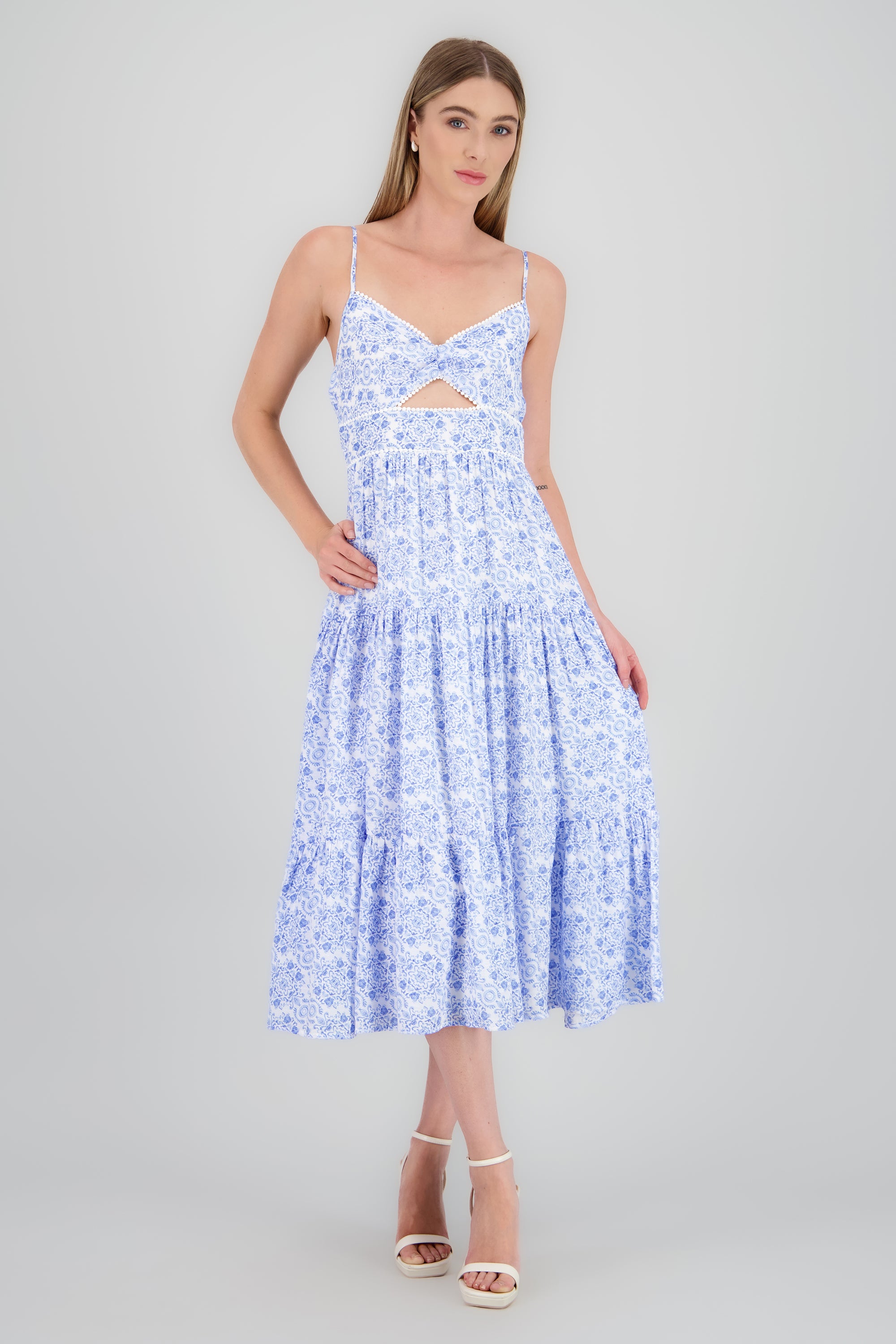 Vestido maxi lino estampado AZUL COMBO