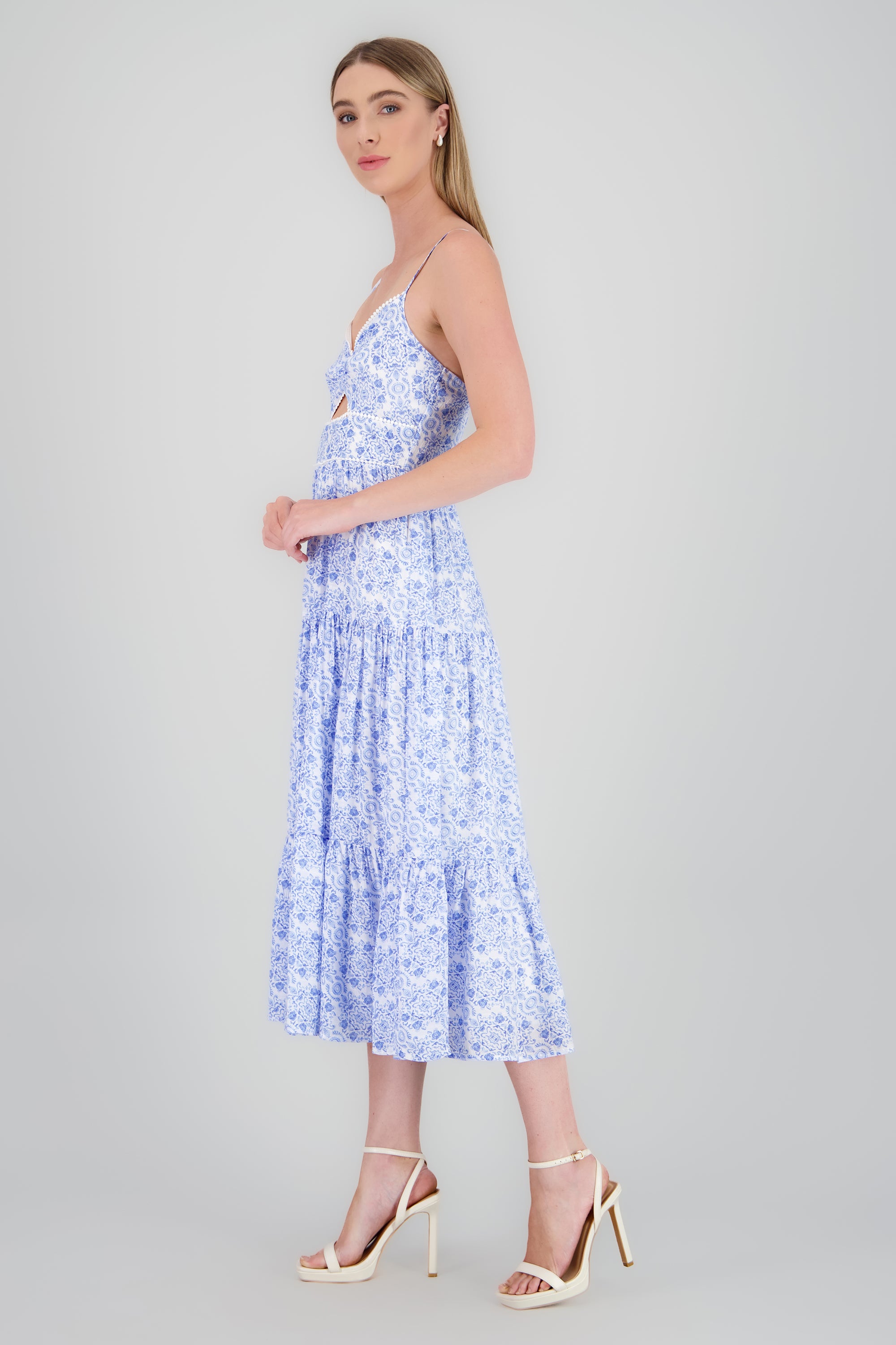 Vestido maxi lino estampado AZUL COMBO