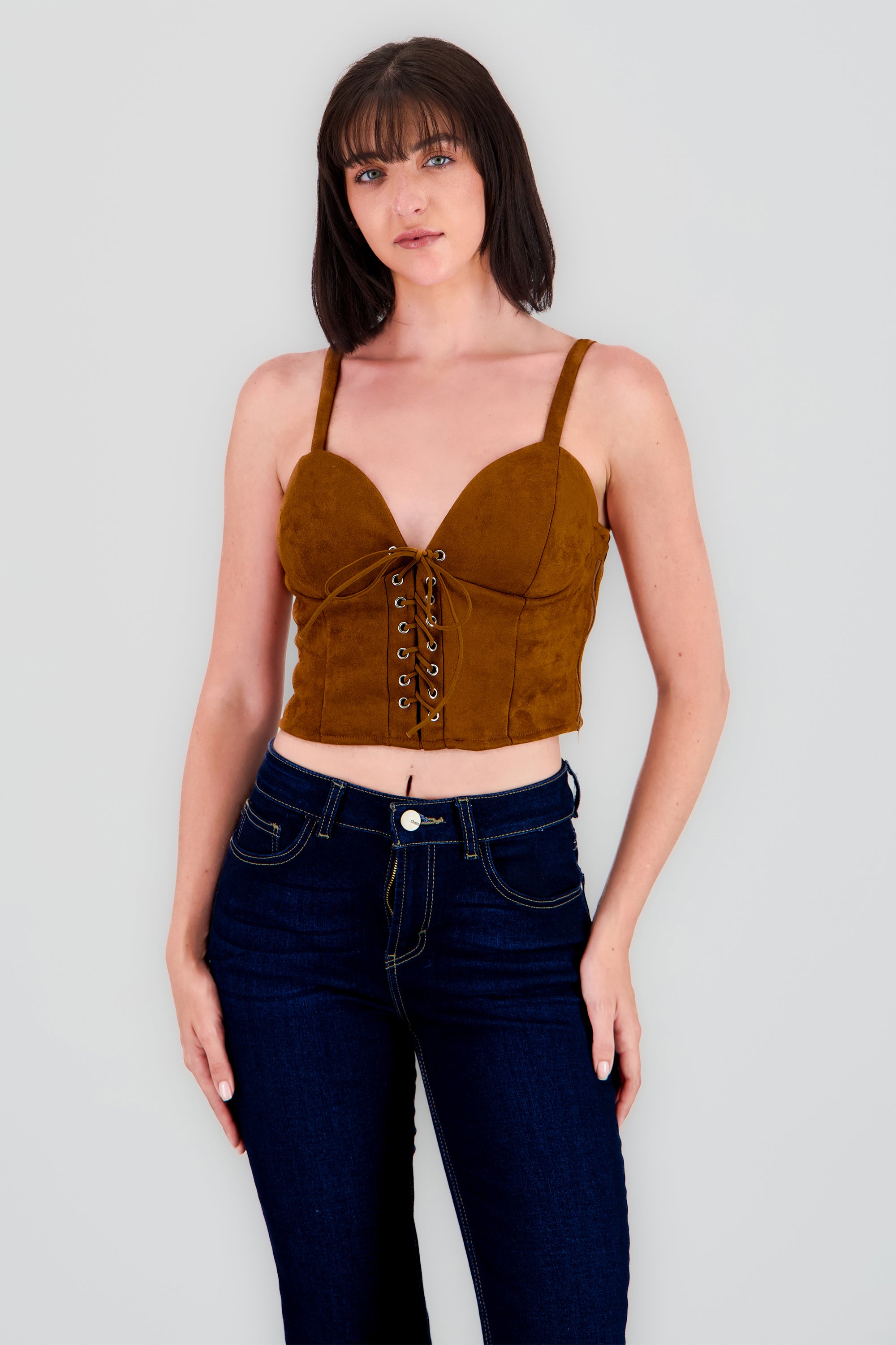 Blusa corser gamuza con lace up CAMELLO