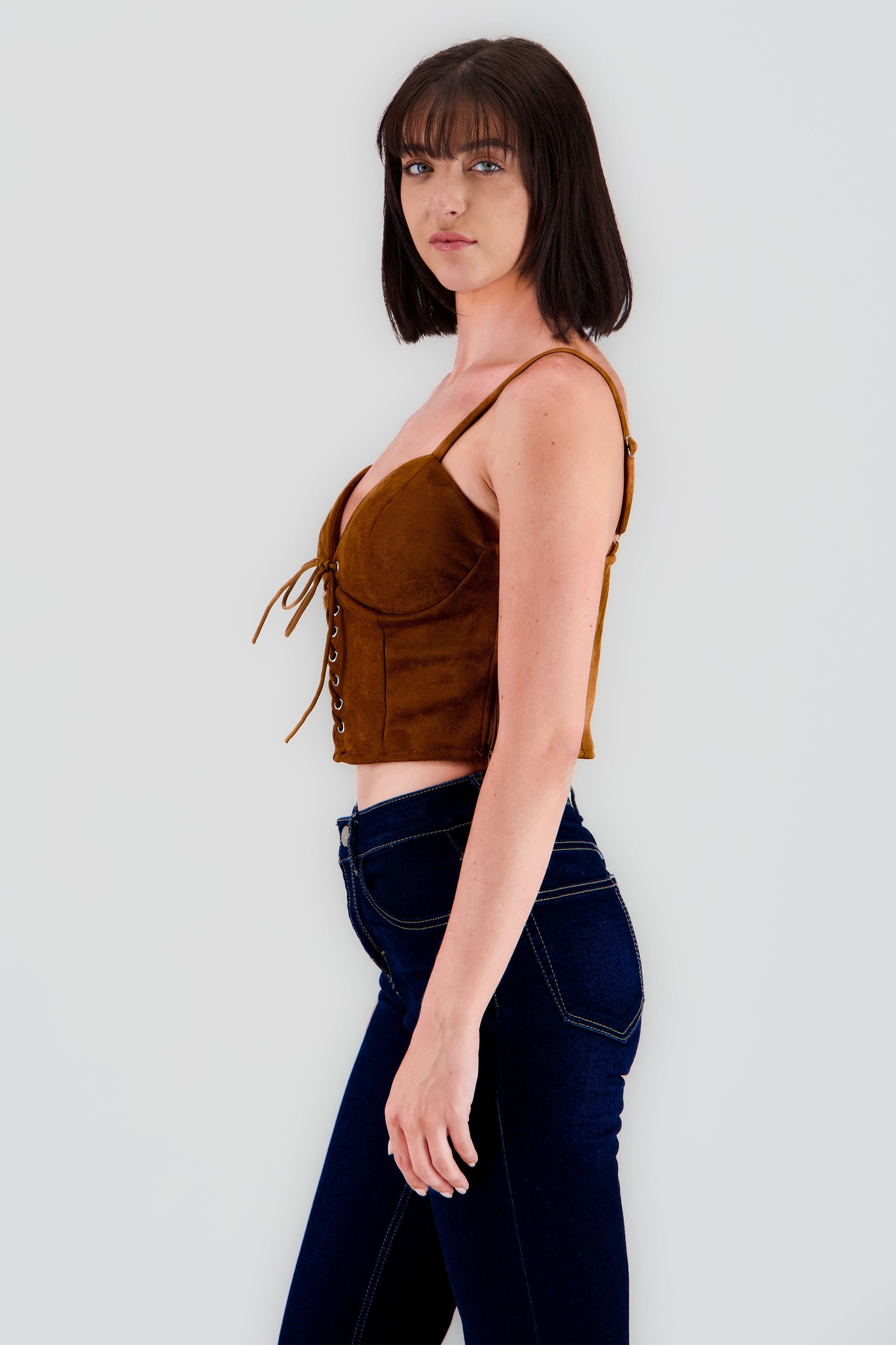 Blusa corser gamuza con lace up CAMELLO