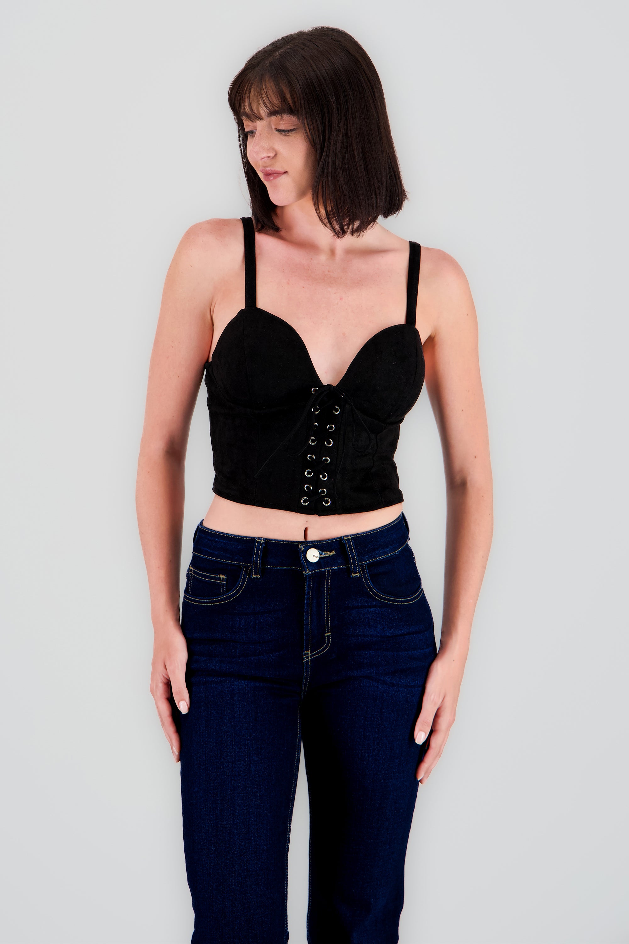 Blusa corser gamuza con lace up NEGRO