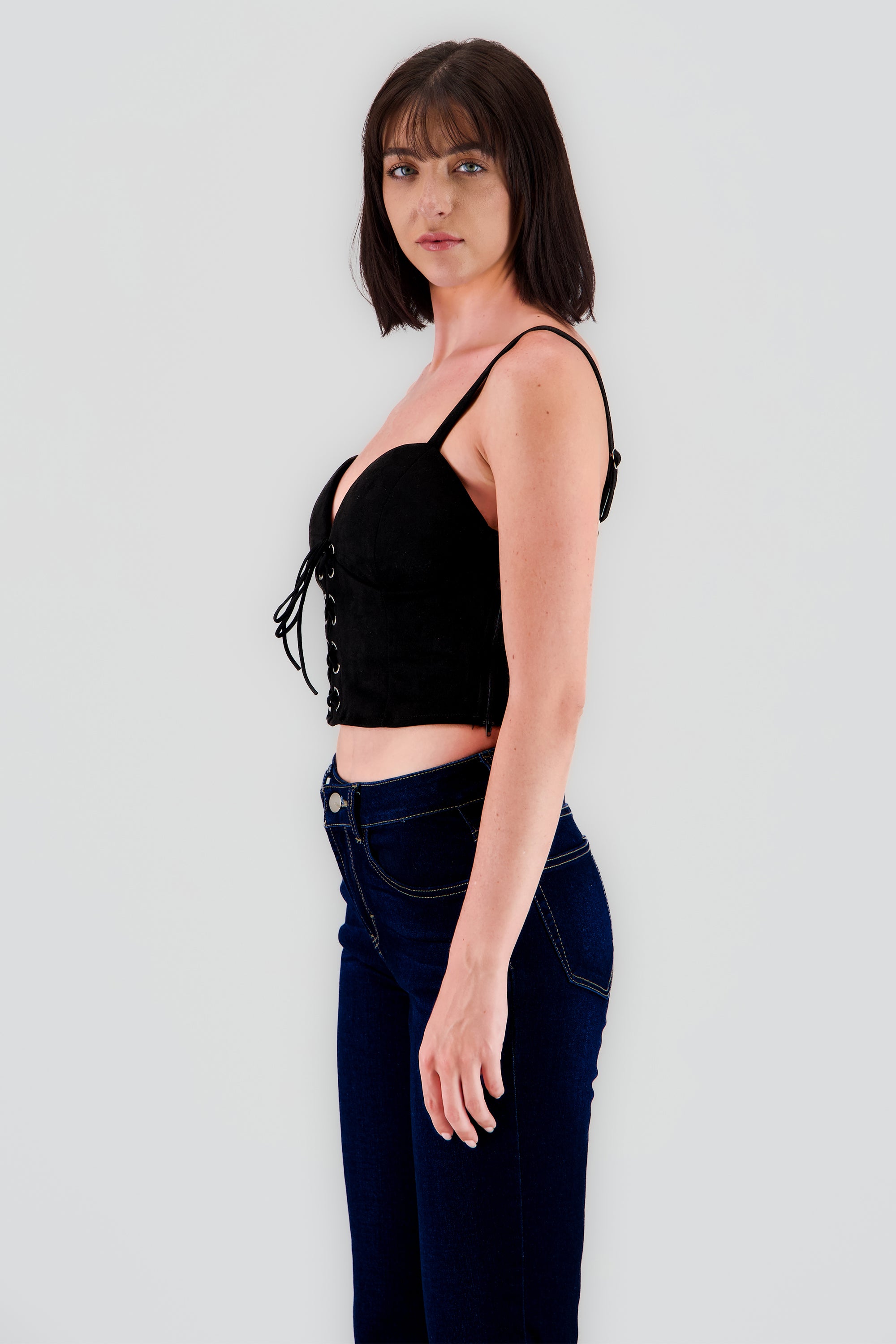 Blusa corser gamuza con lace up NEGRO