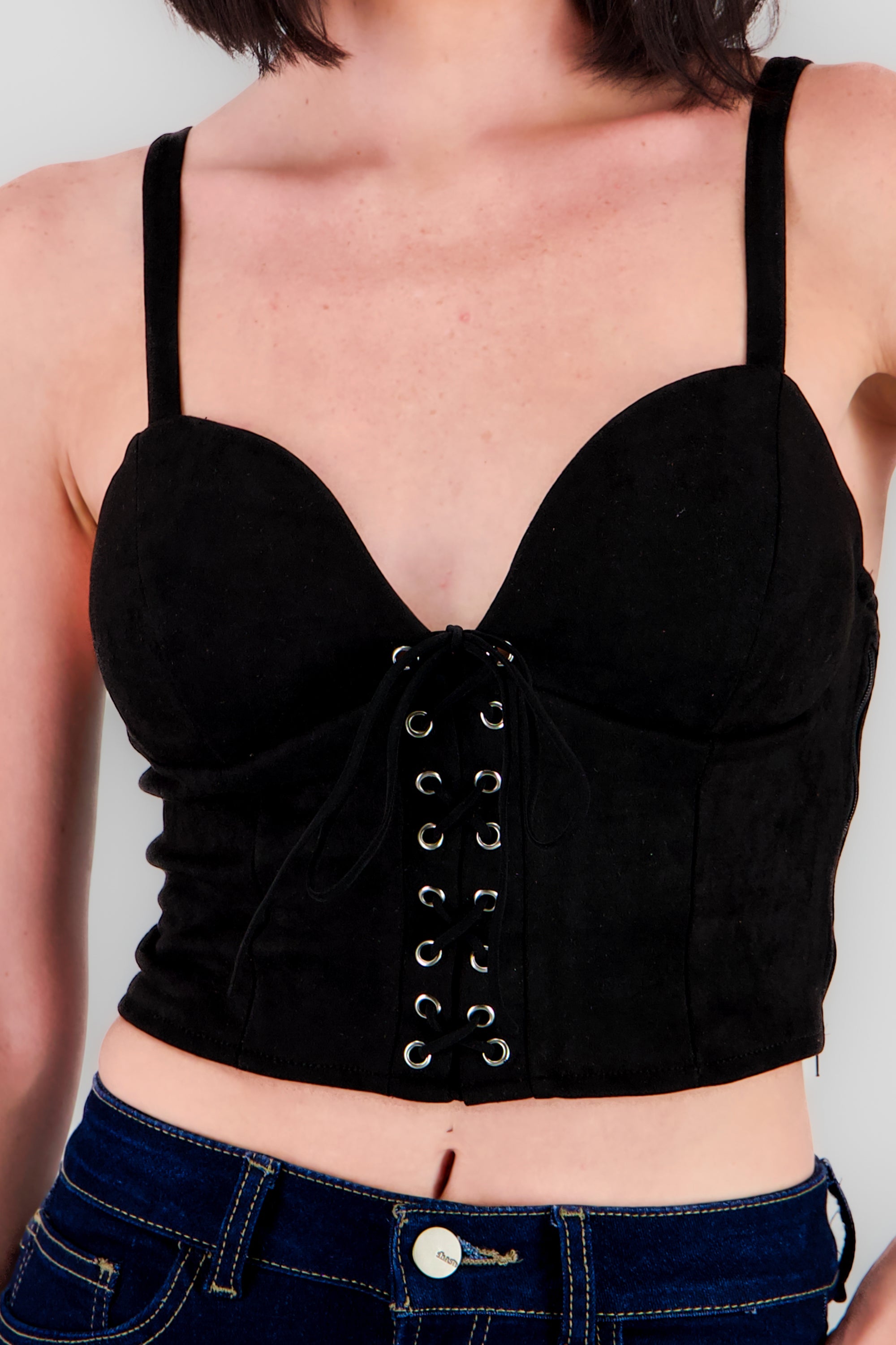 Blusa corser gamuza con lace up NEGRO