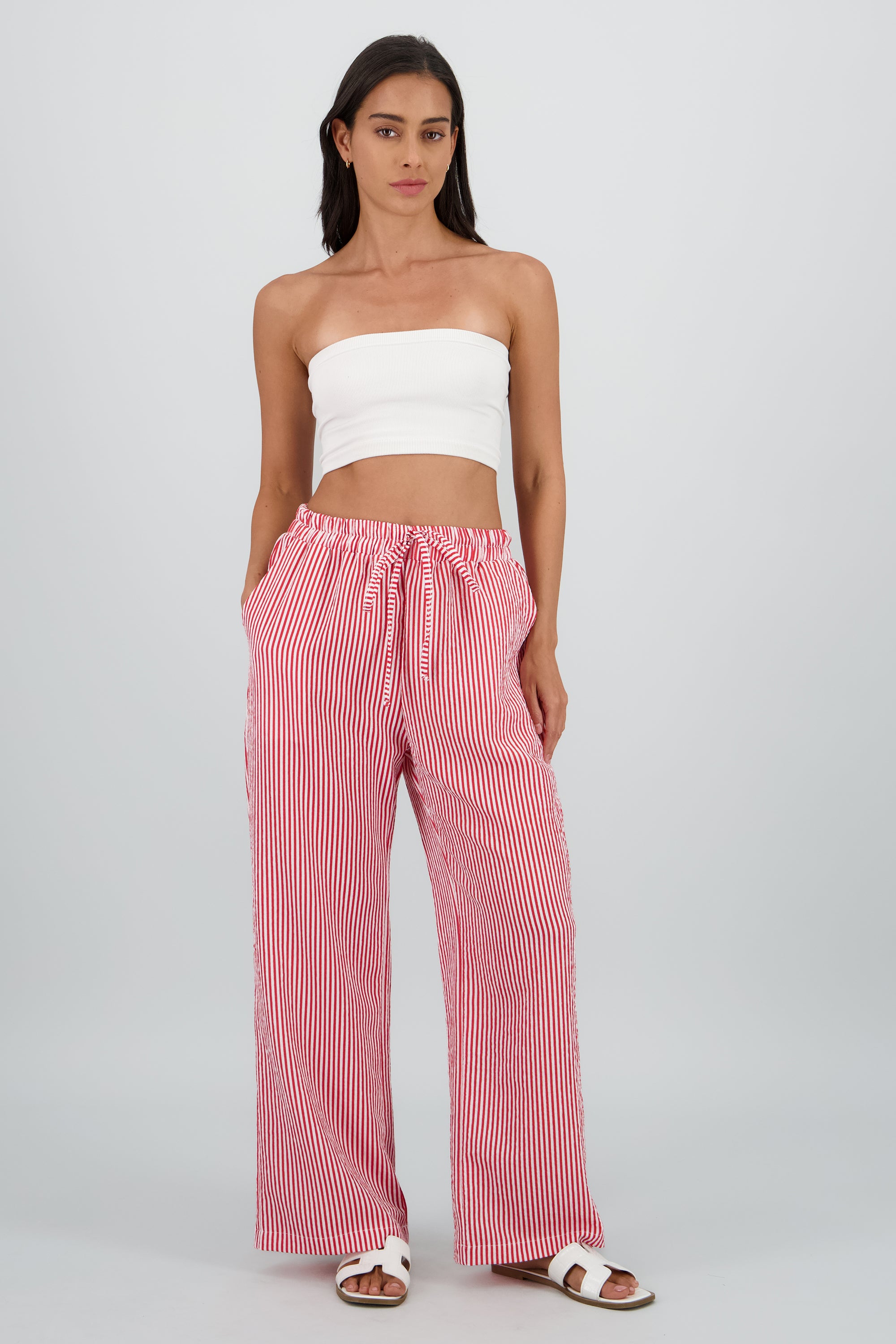 Pantalon amplio detalle resorte rayas ROJO COMBO