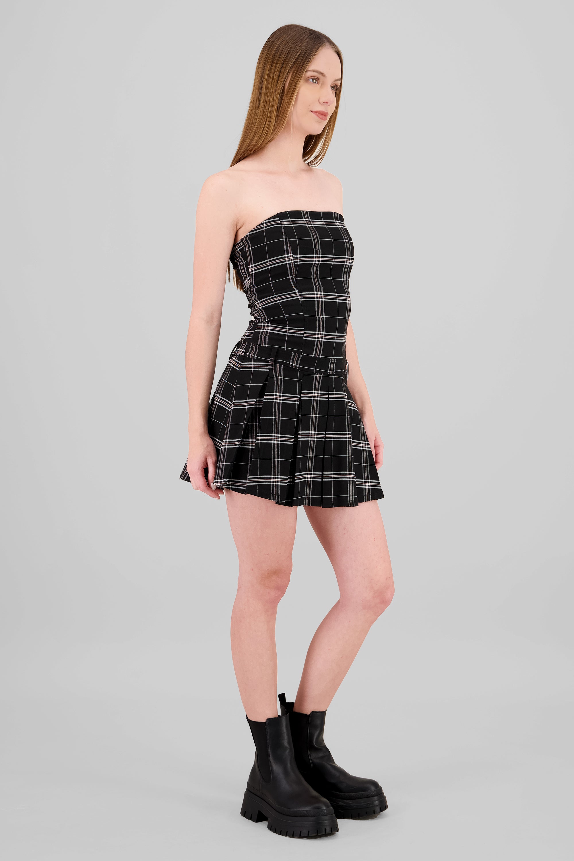 Vestido mini strapless estampado cuadros NEGRO COMBO