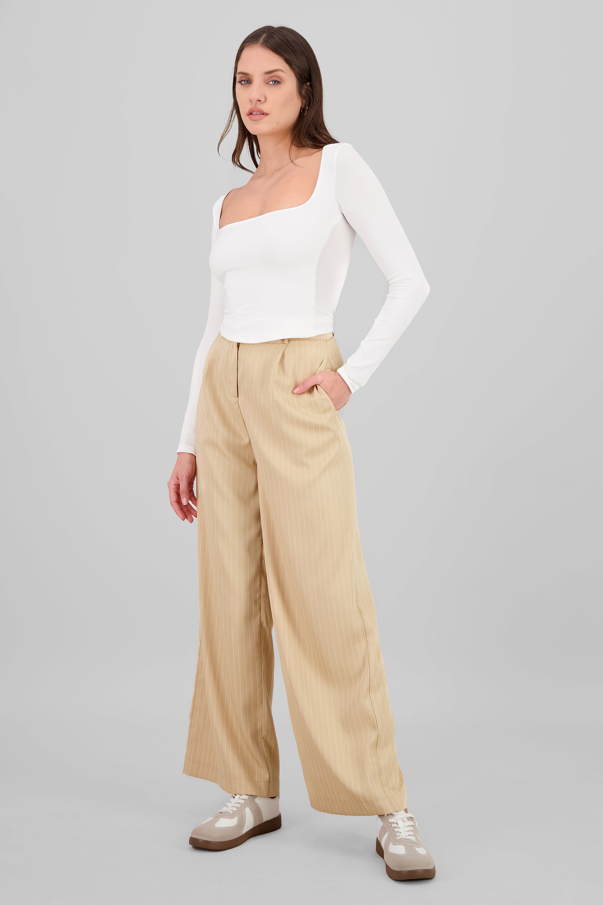 Pantalón rayas doble pretina BEIGE