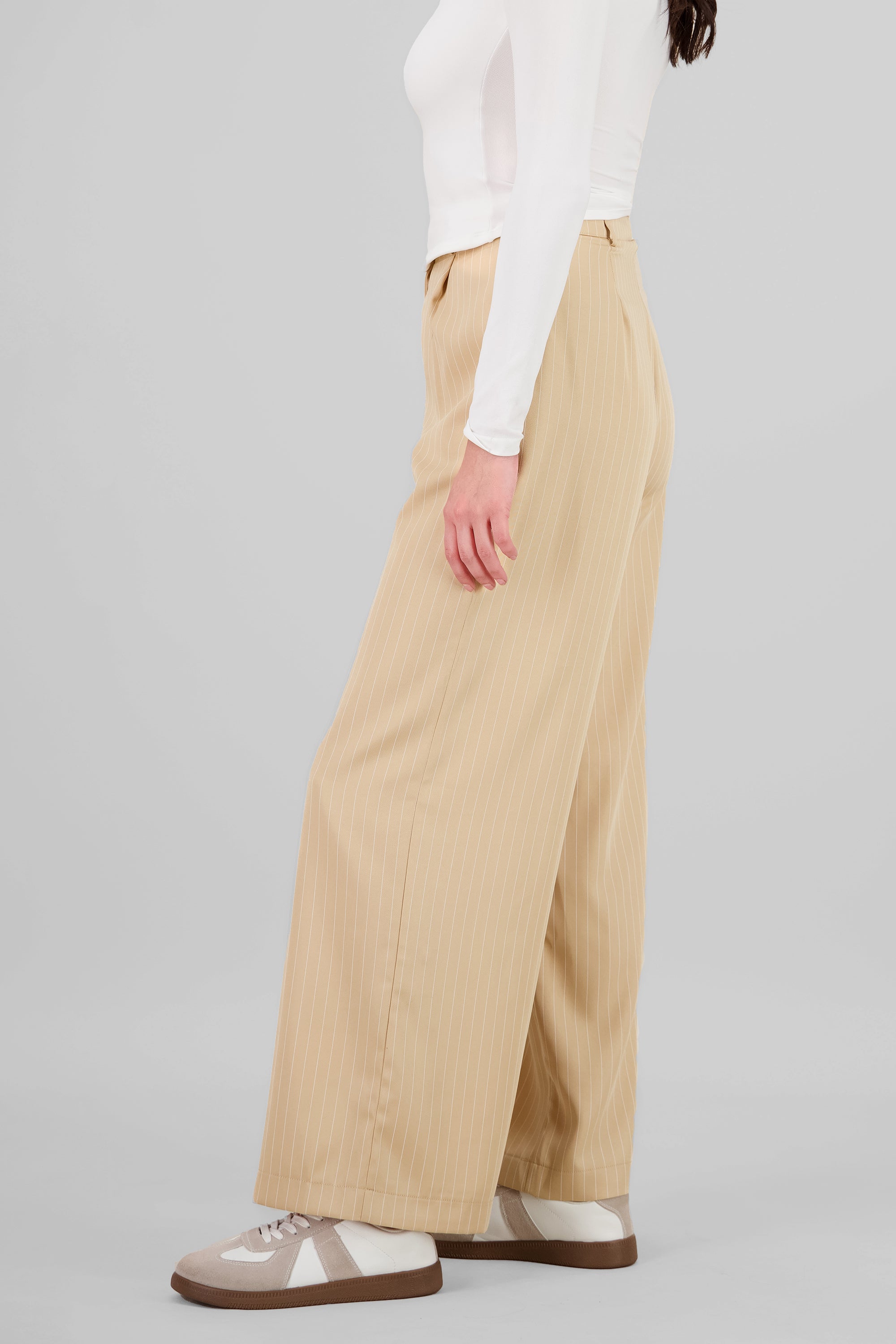 Pantalón rayas doble pretina BEIGE