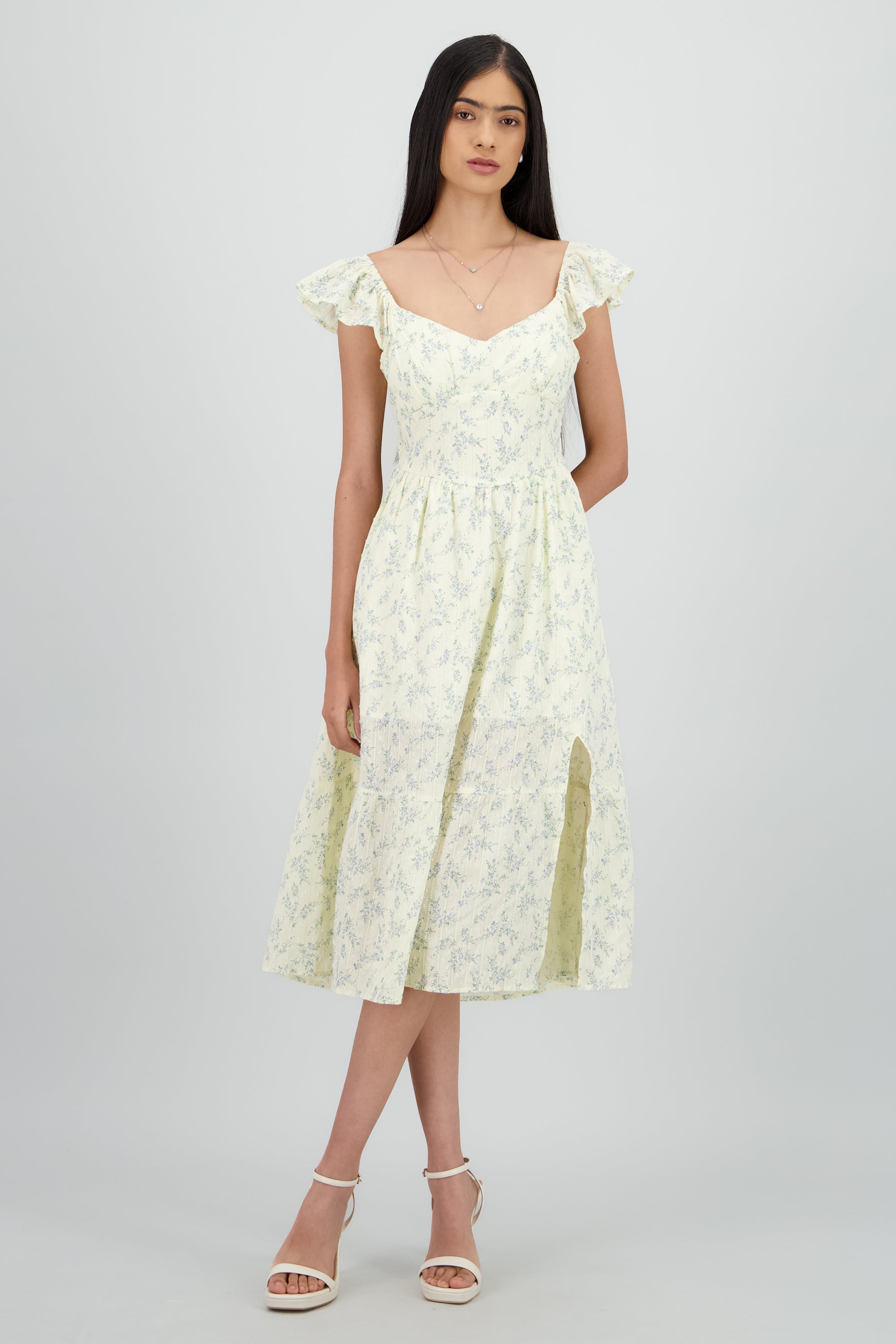Vestido midi flores con copas AMARILLO COMBO