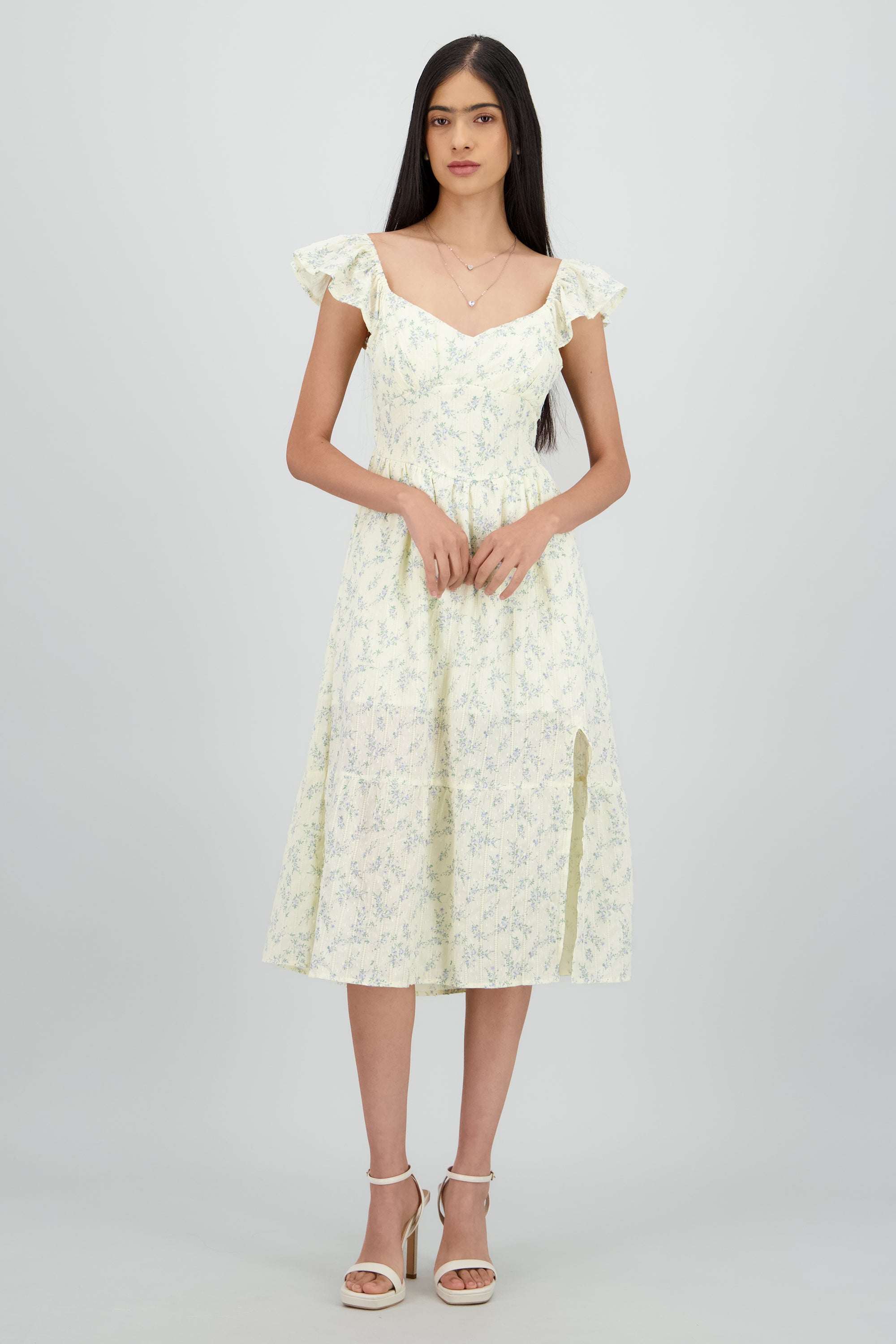 Vestido midi flores con copas AMARILLO COMBO