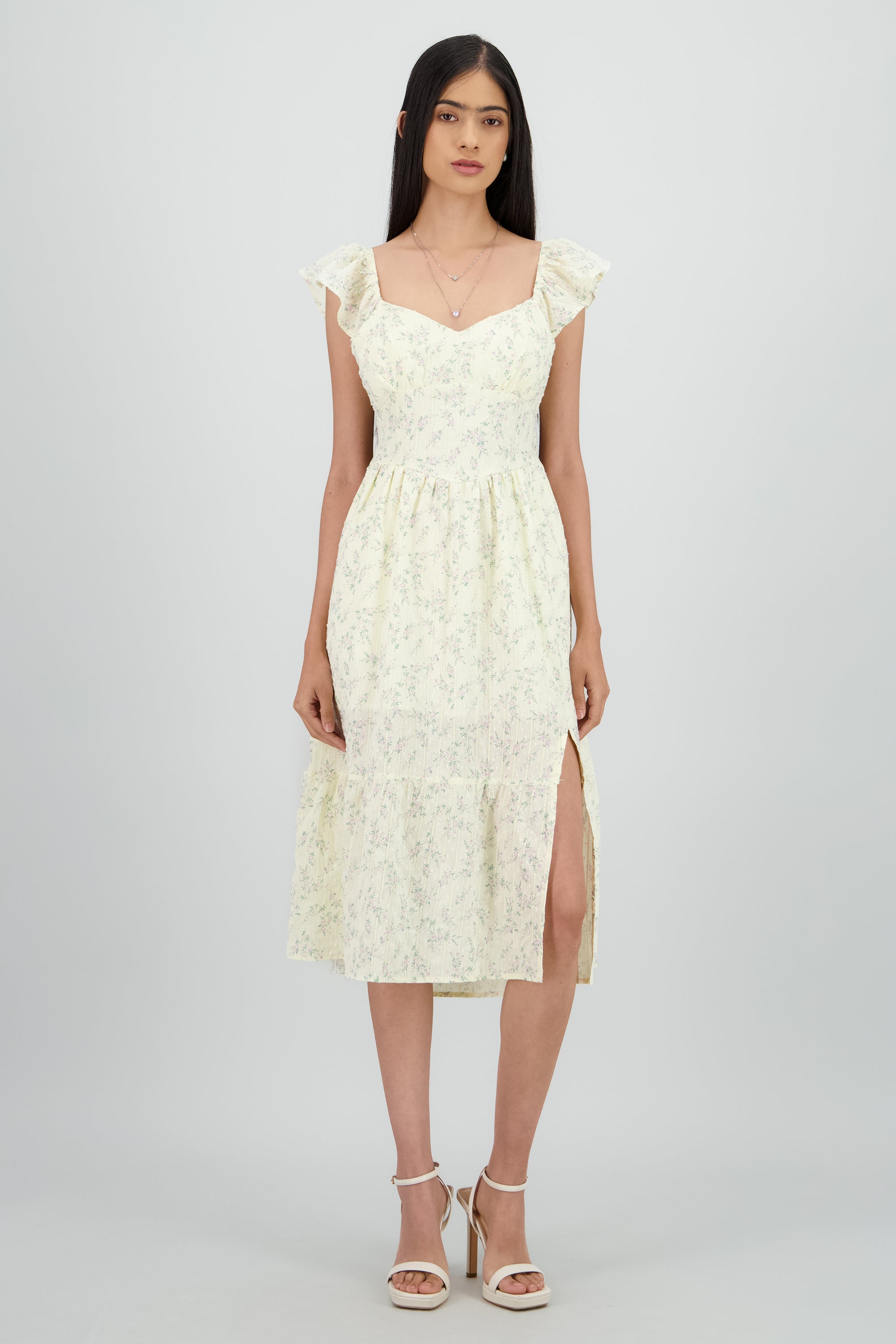 Vestido midi flores con copas ROSA COMBO
