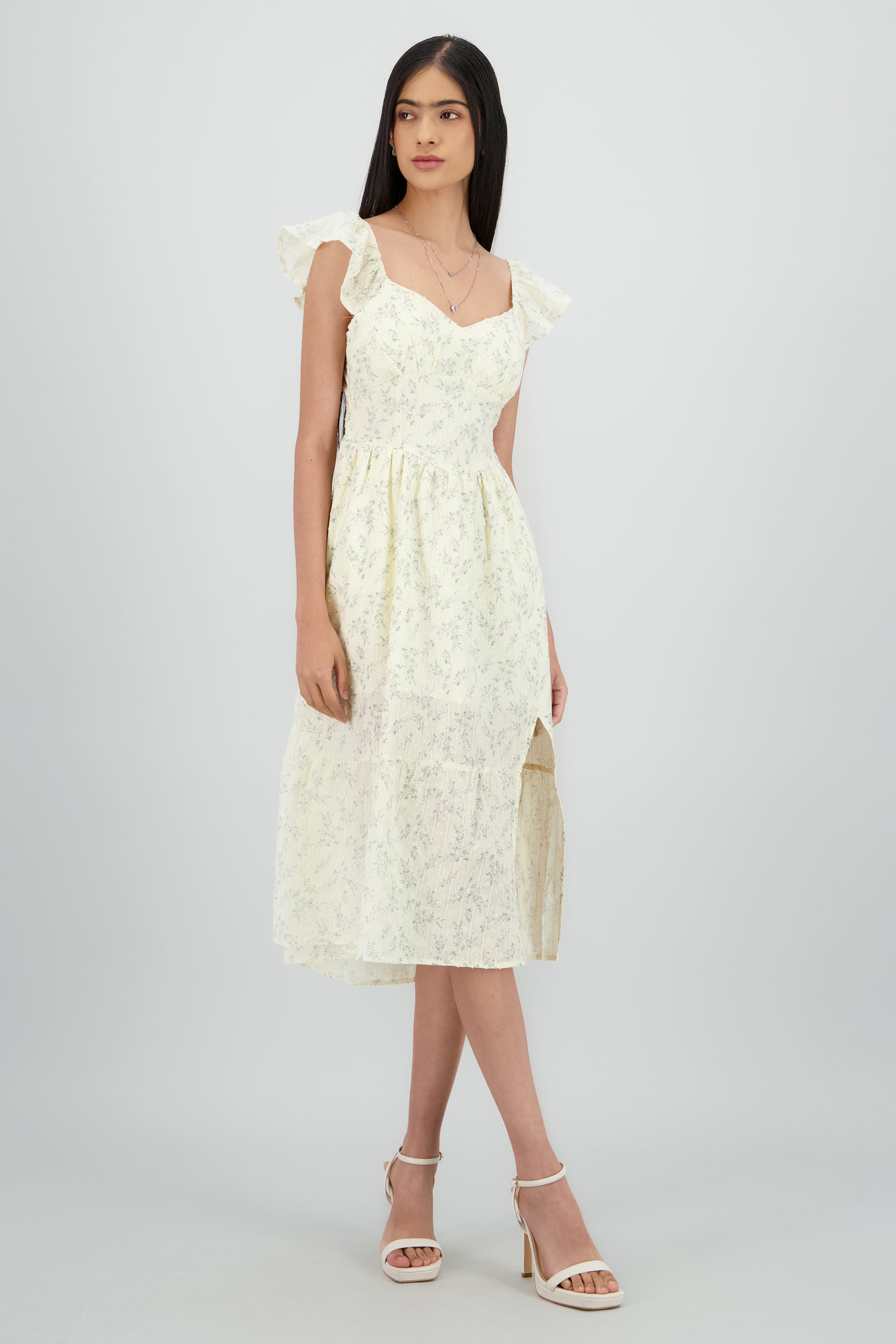 Vestido midi flores con copas ROSA COMBO