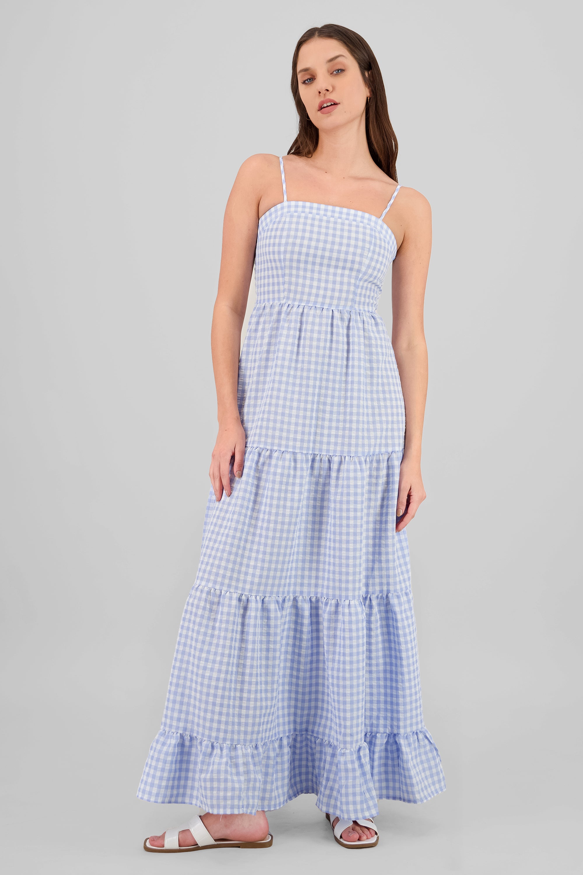 Maxi vestido cuadros AZUL CIELO