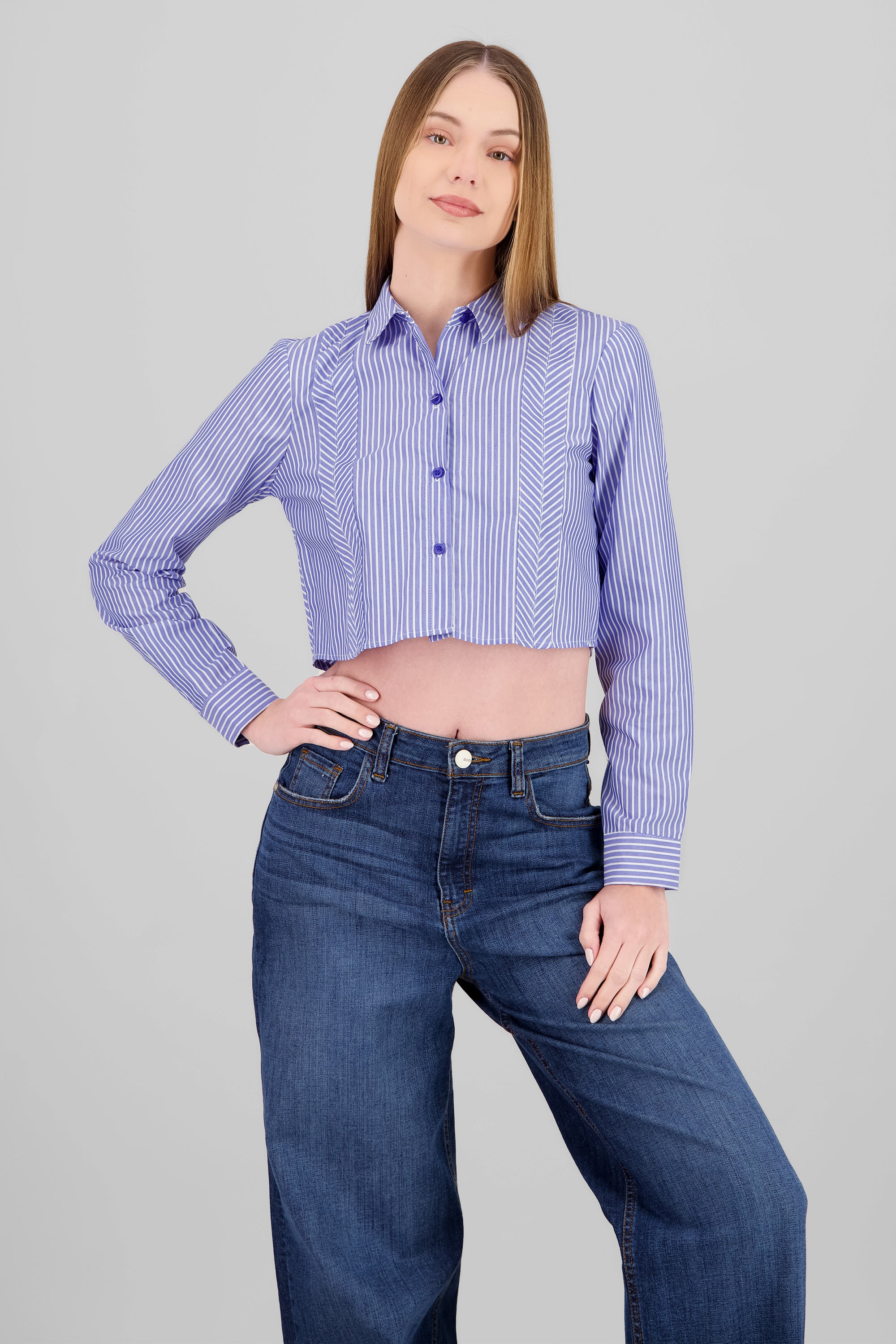 Camisa crop rayas manga larga AZUL COMBO