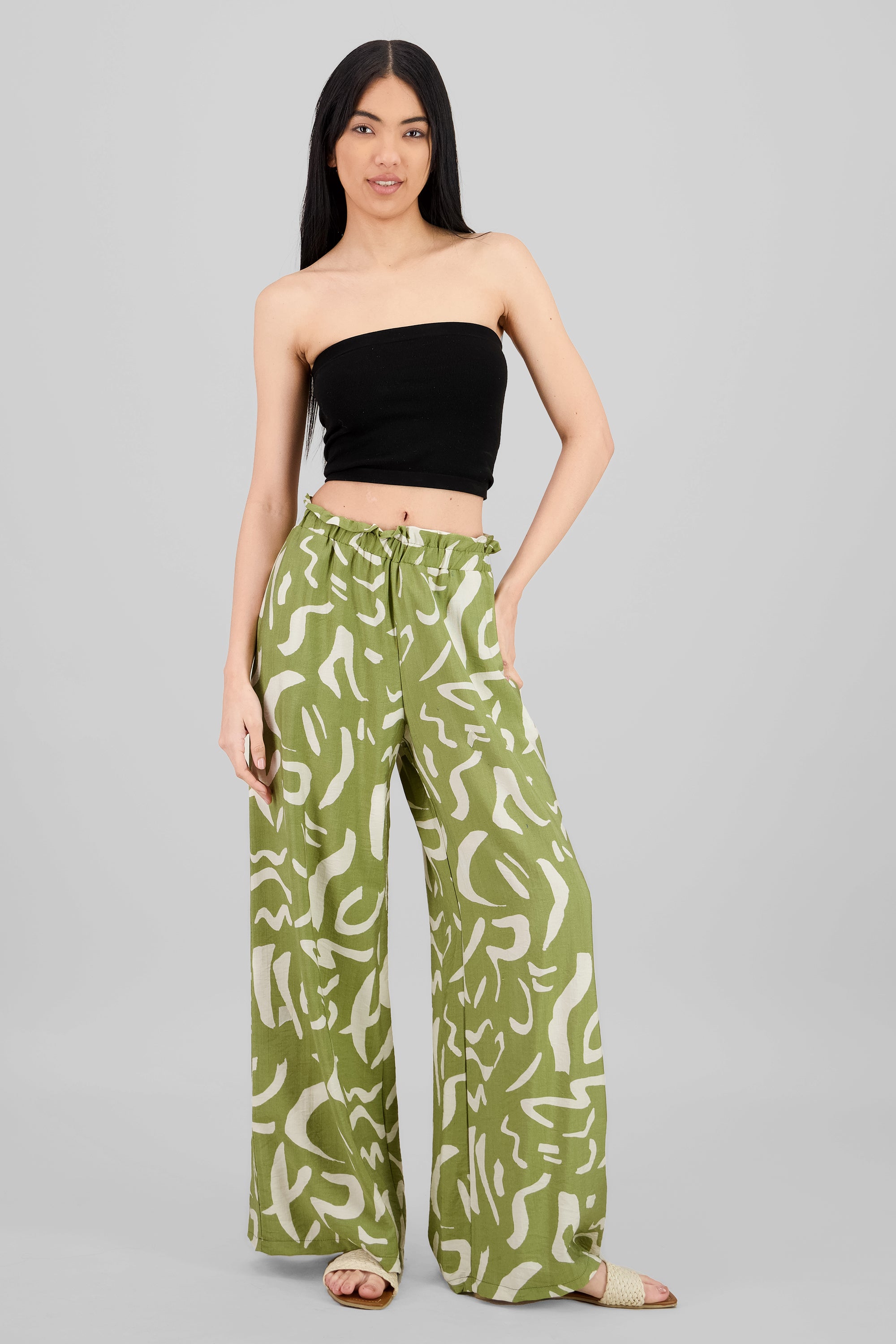 Pantalon amplio detalle resorte estampado VERDE COMBO