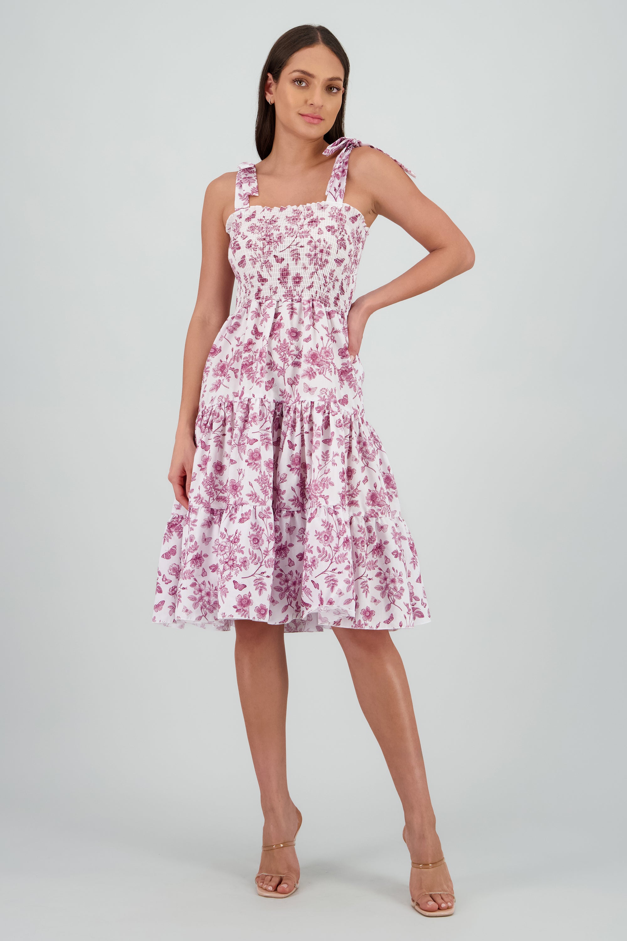 Vestido estampado flores olanes CIRUELA