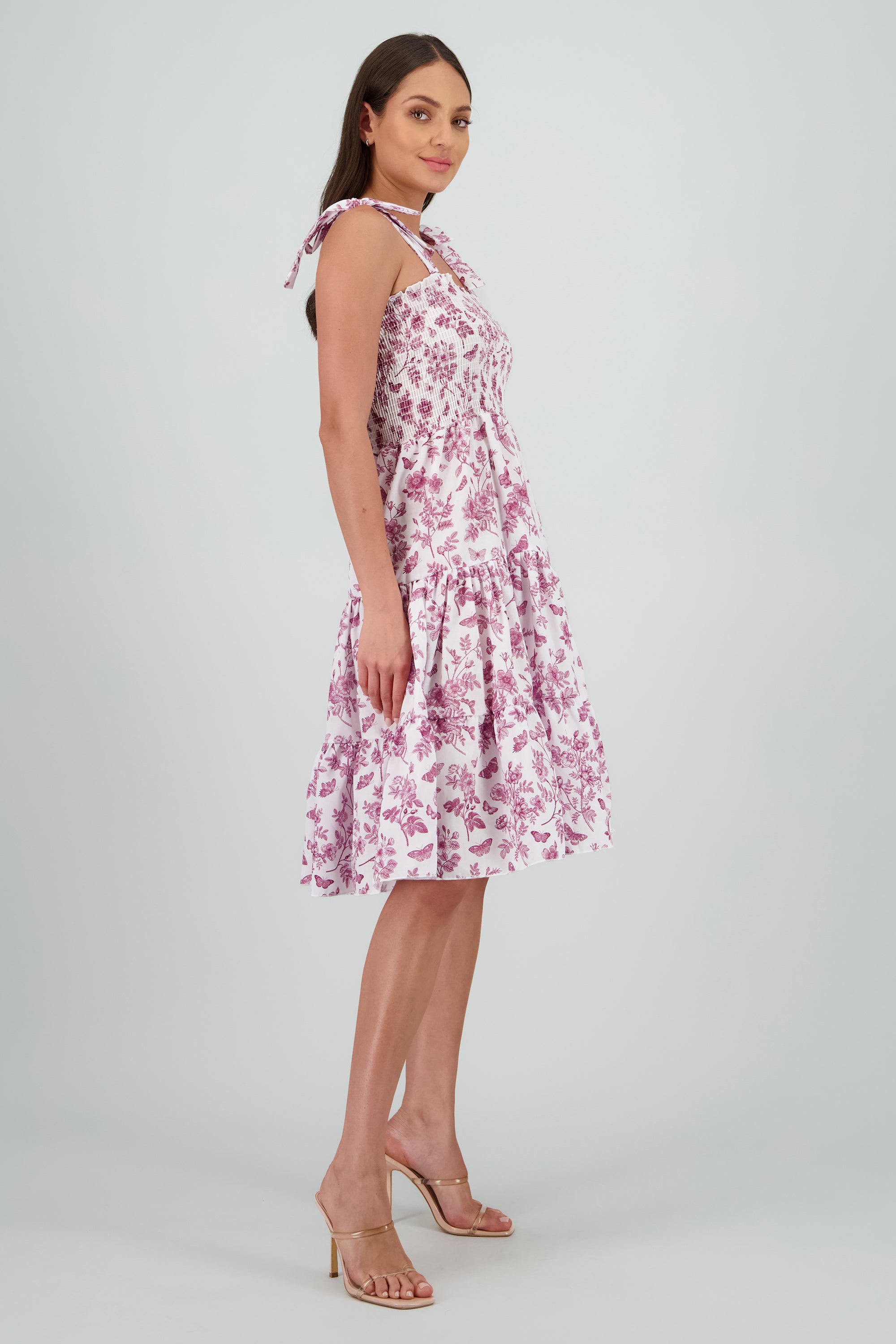 Vestido estampado flores olanes CIRUELA