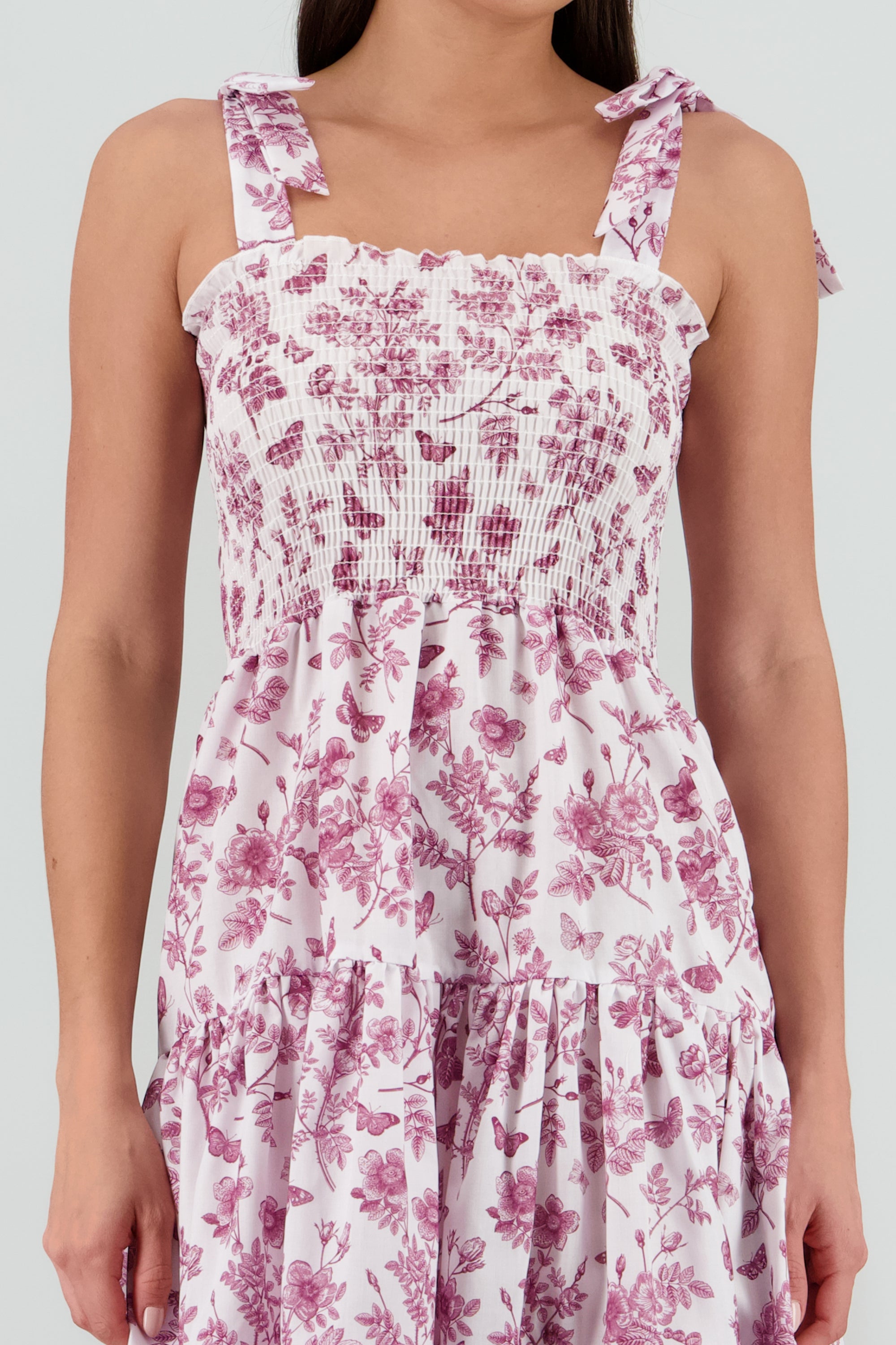 Vestido estampado flores olanes CIRUELA