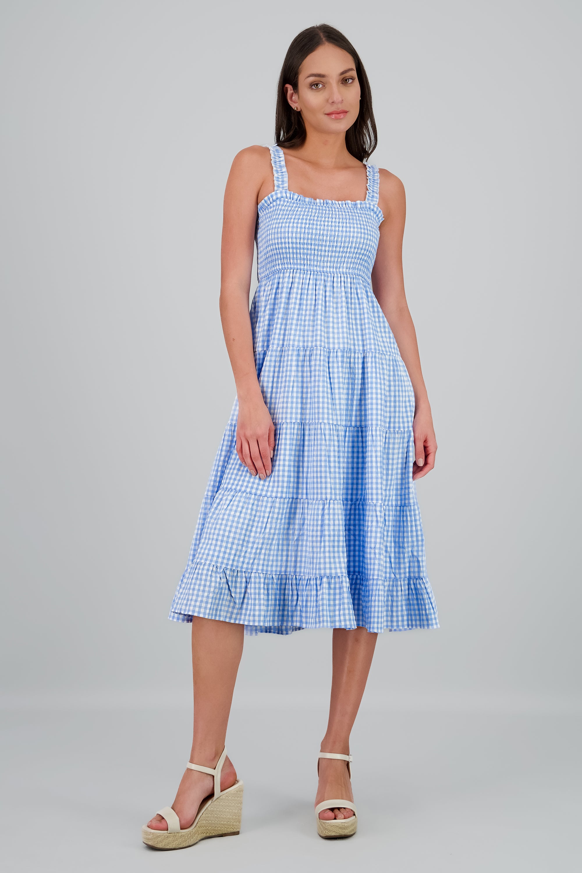 Vetsido maxi smocked estampado gingham AZUL COMBO