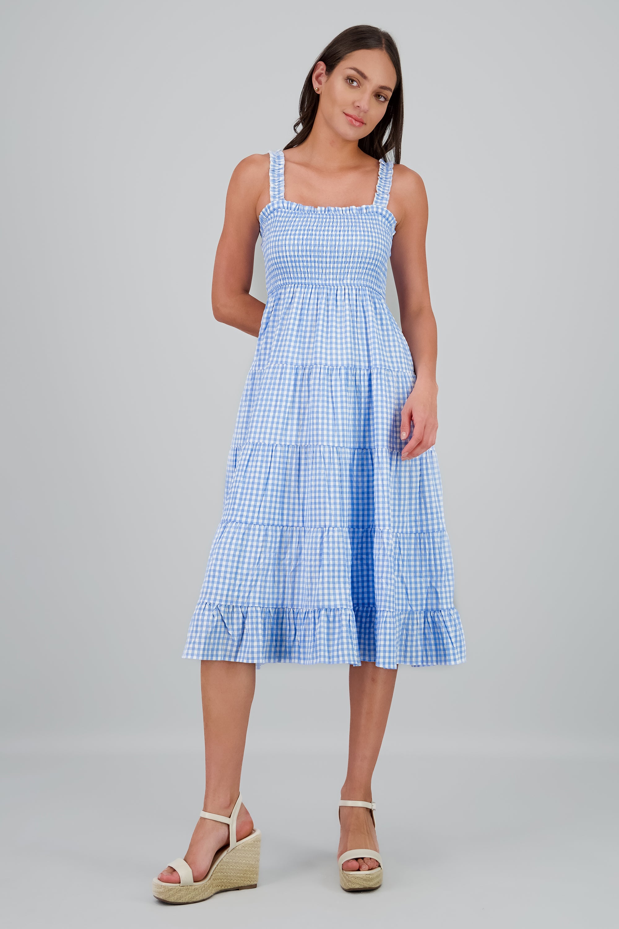 Vetsido maxi smocked estampado gingham AZUL COMBO