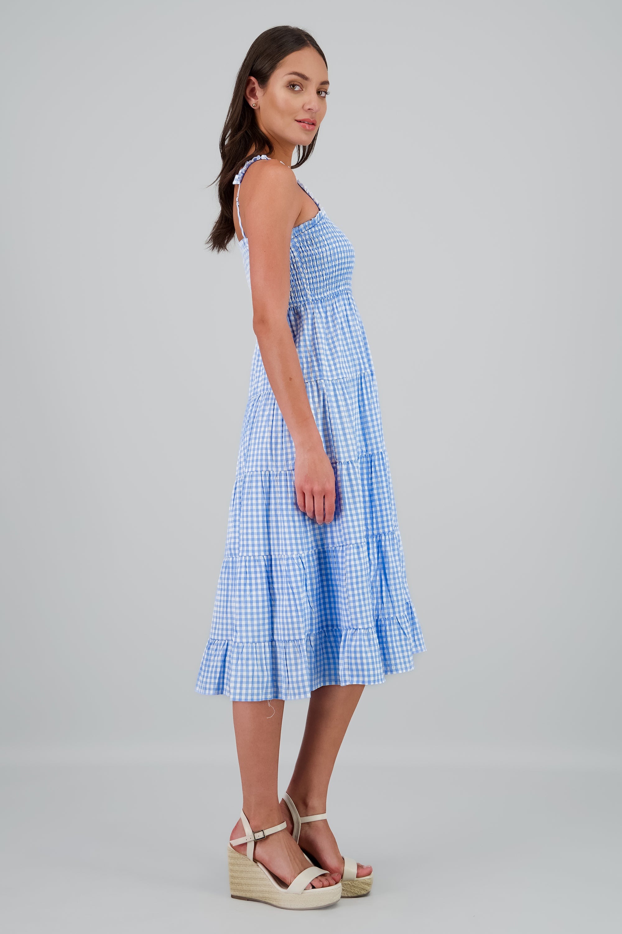 Vetsido maxi smocked estampado gingham AZUL COMBO