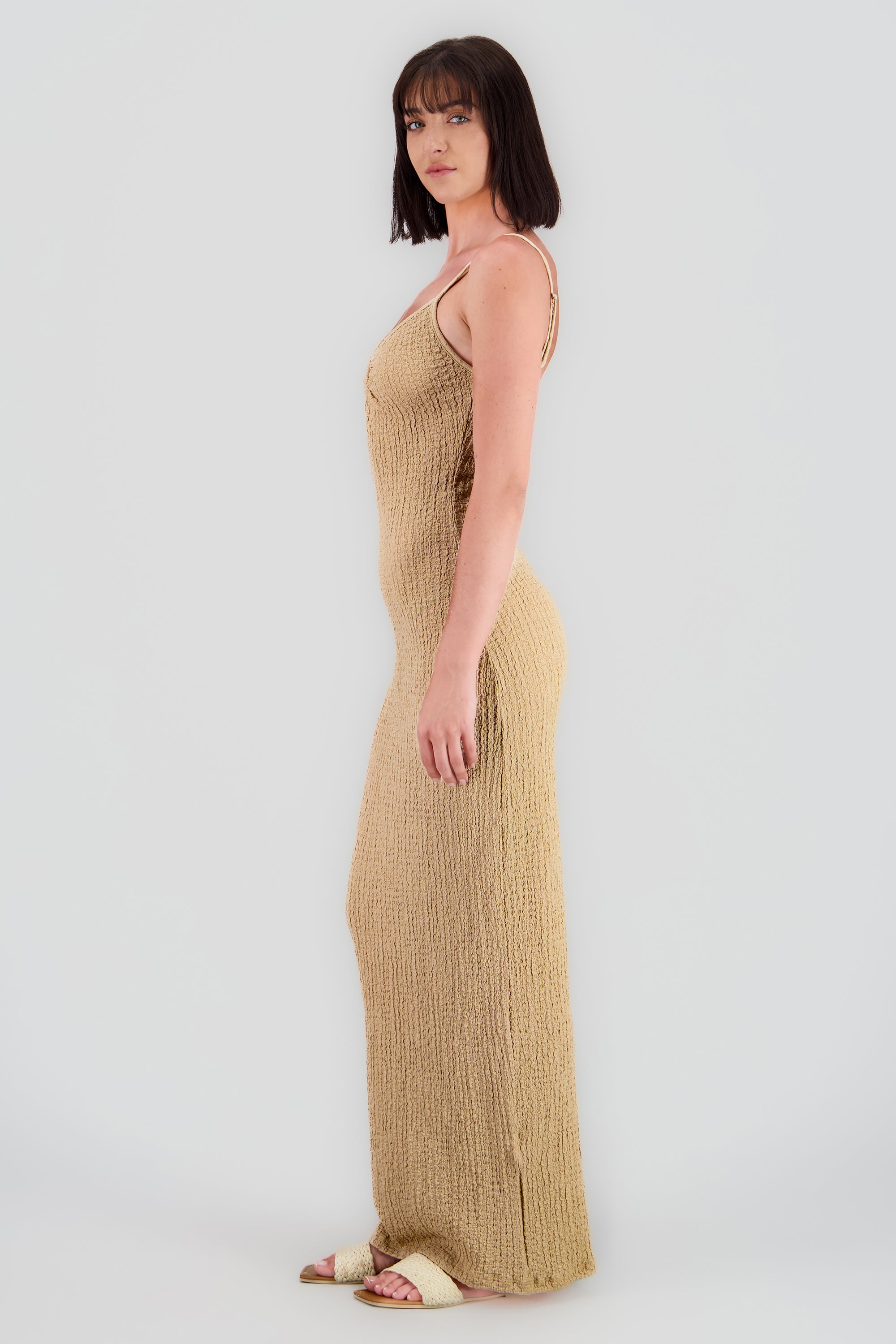 Vestido maxi texturas tirantes aro BEIGE