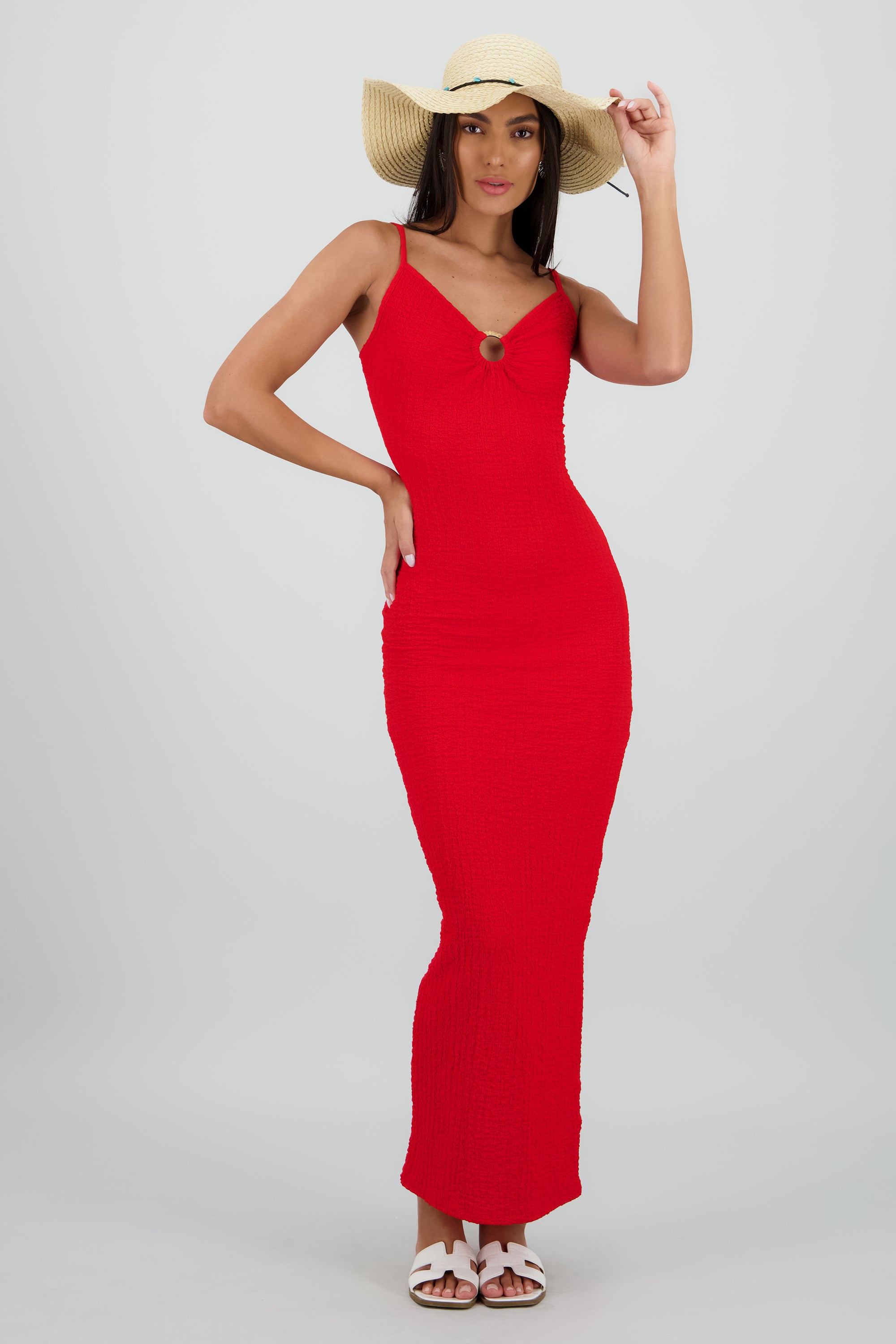 Vestido maxi texturas tirantes aro ROJO