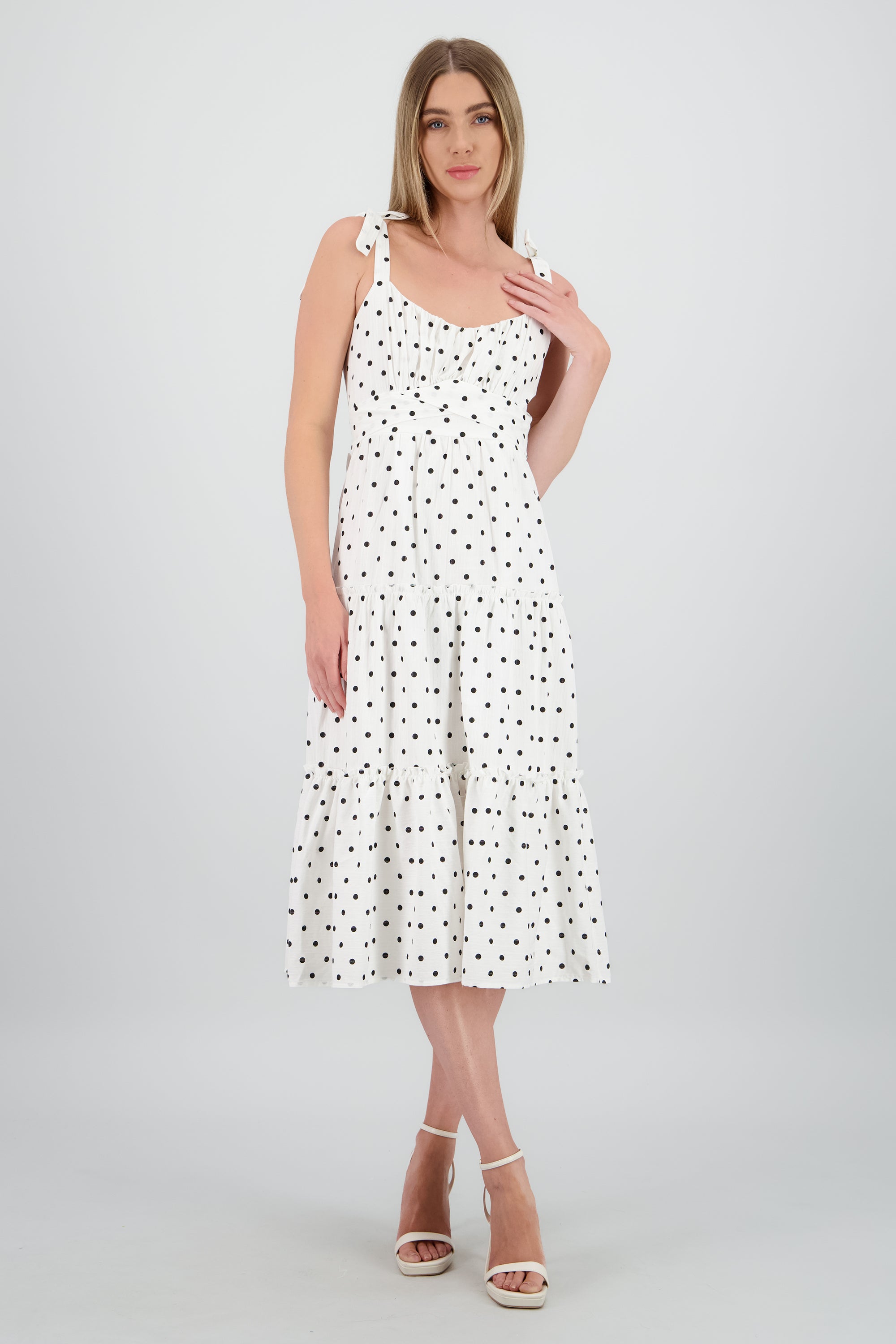 Vestido maxi de polkas con detalle BLANCO COMBO