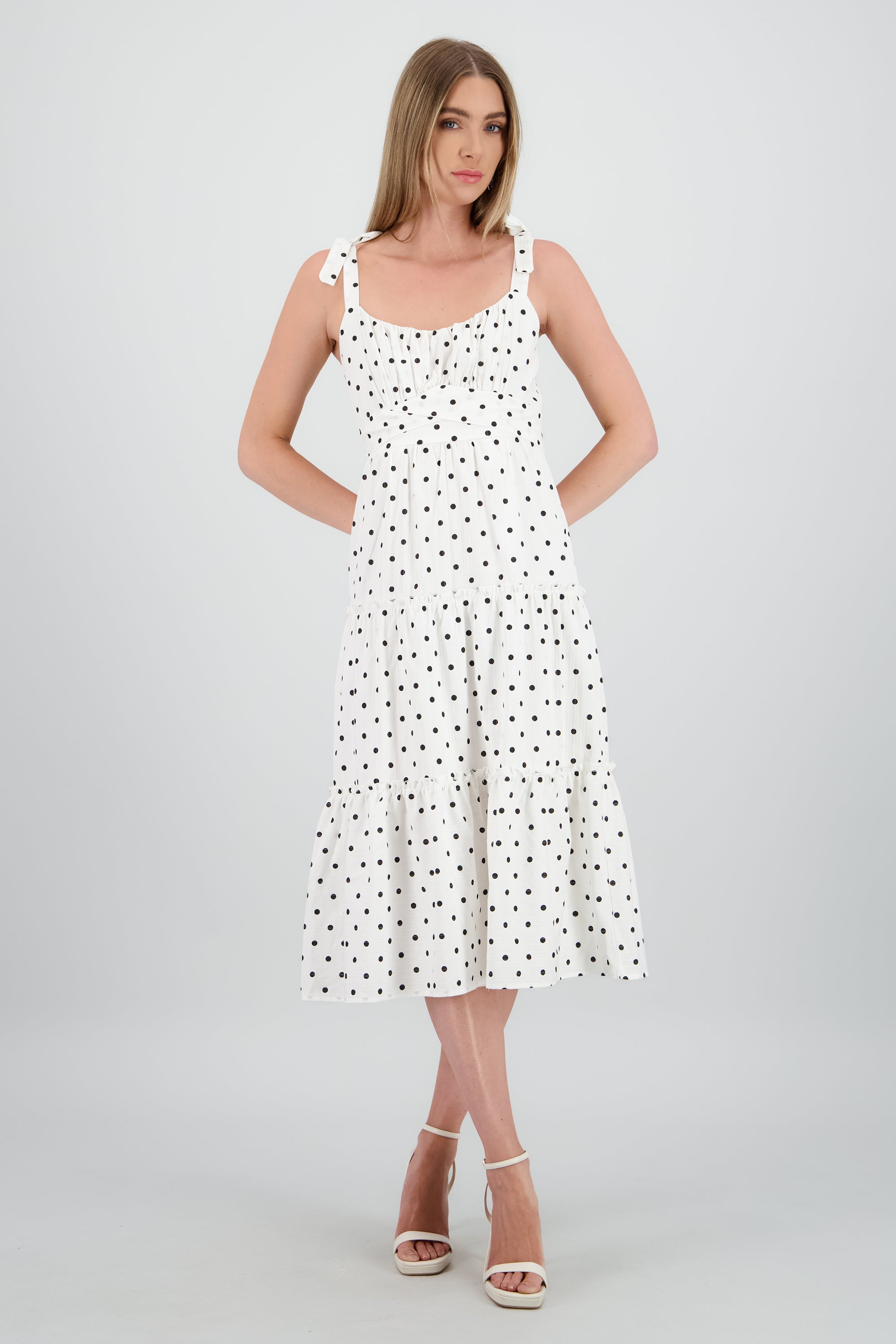 Vestido maxi de polkas con detalle BLANCO COMBO