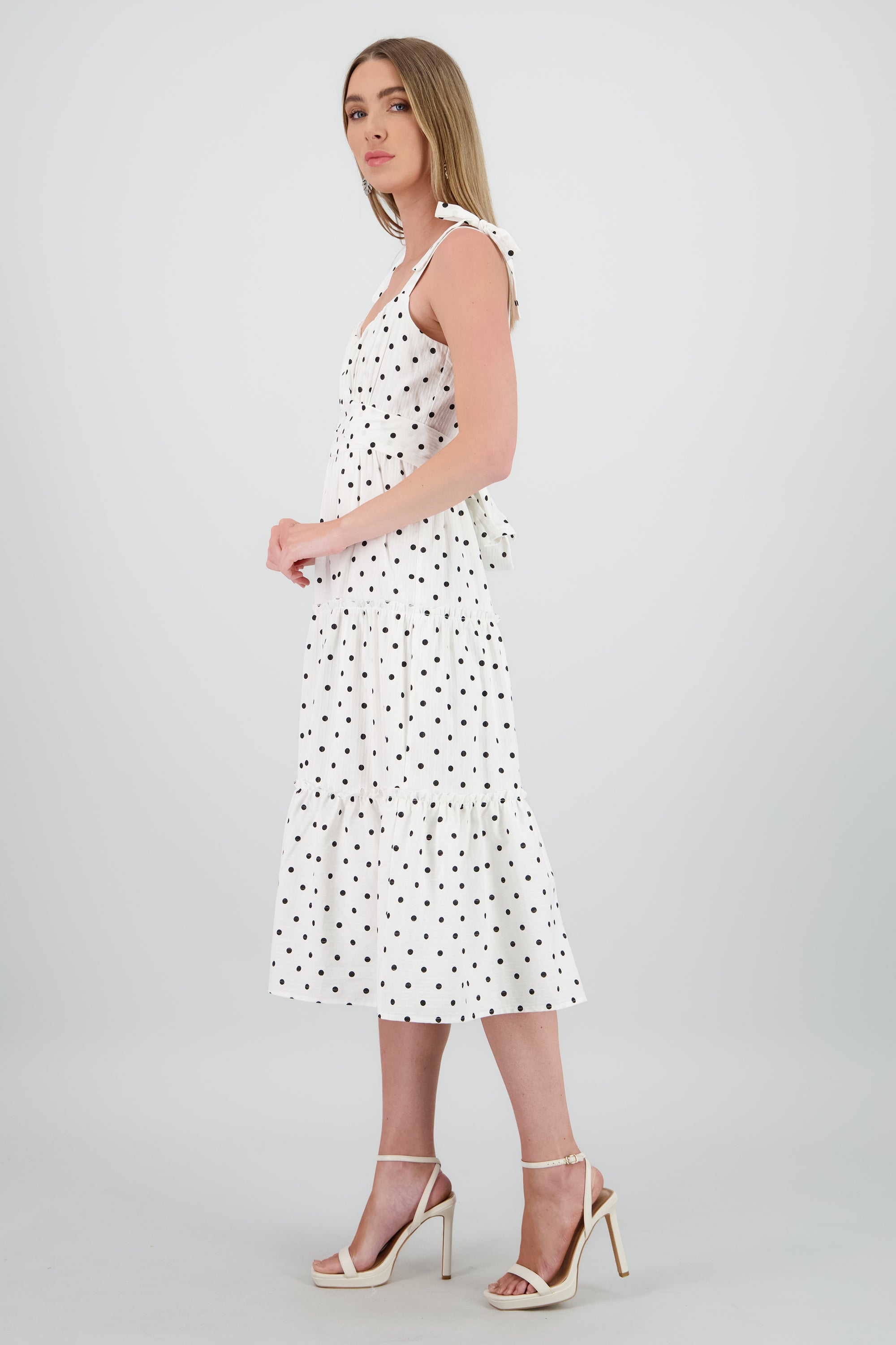 Vestido maxi de polkas con detalle BLANCO COMBO