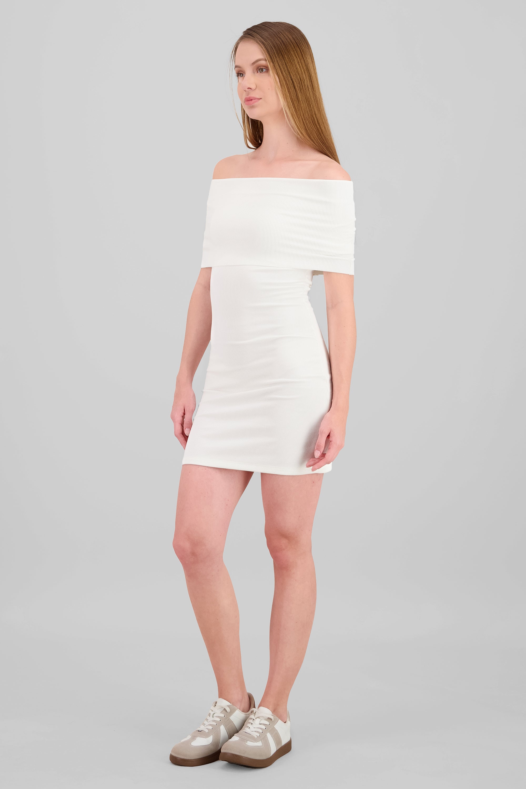 Vestido mini rib off shoulder BLANCO