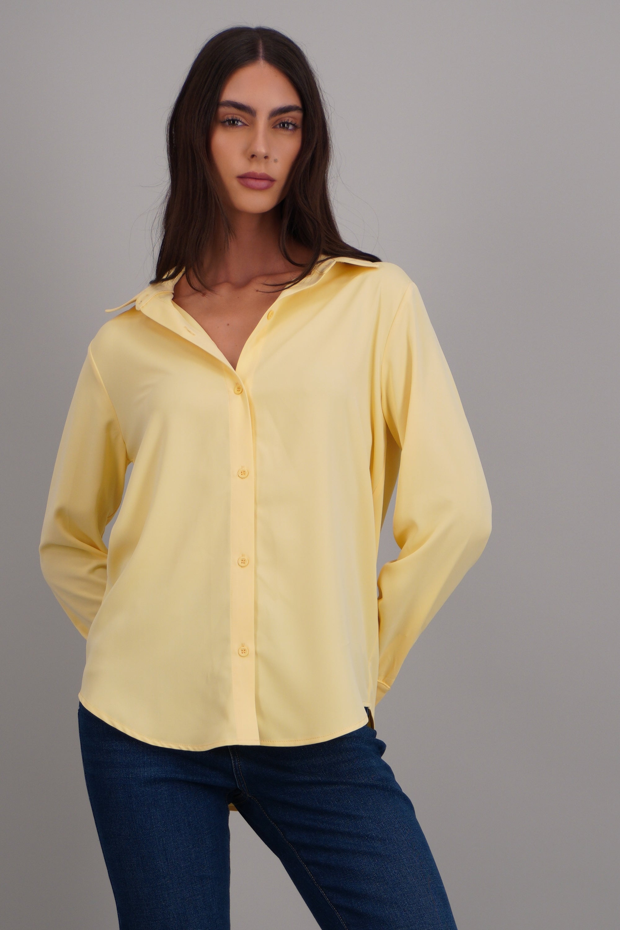 Camisa lisa manga larga botones AMARILLO PASTEL