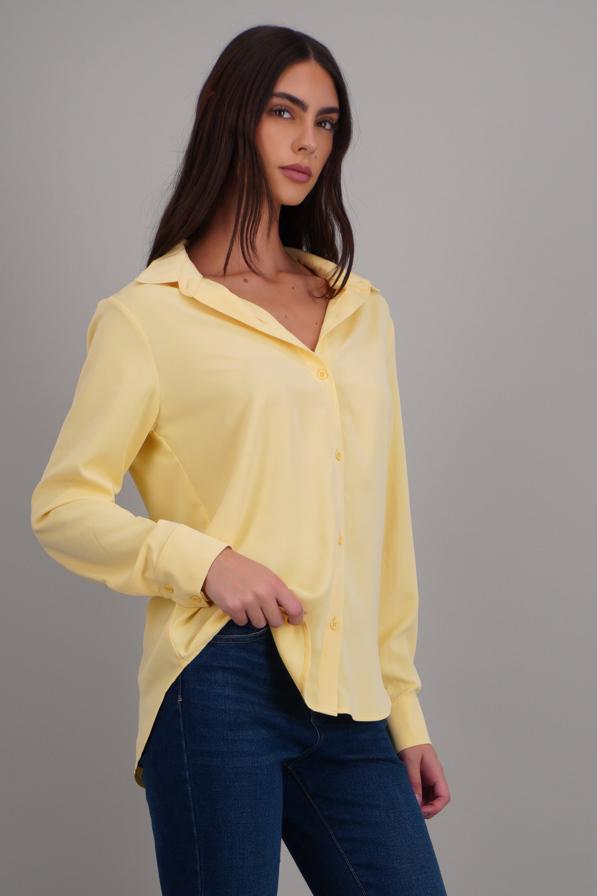 Camisa lisa manga larga botones AMARILLO PASTEL