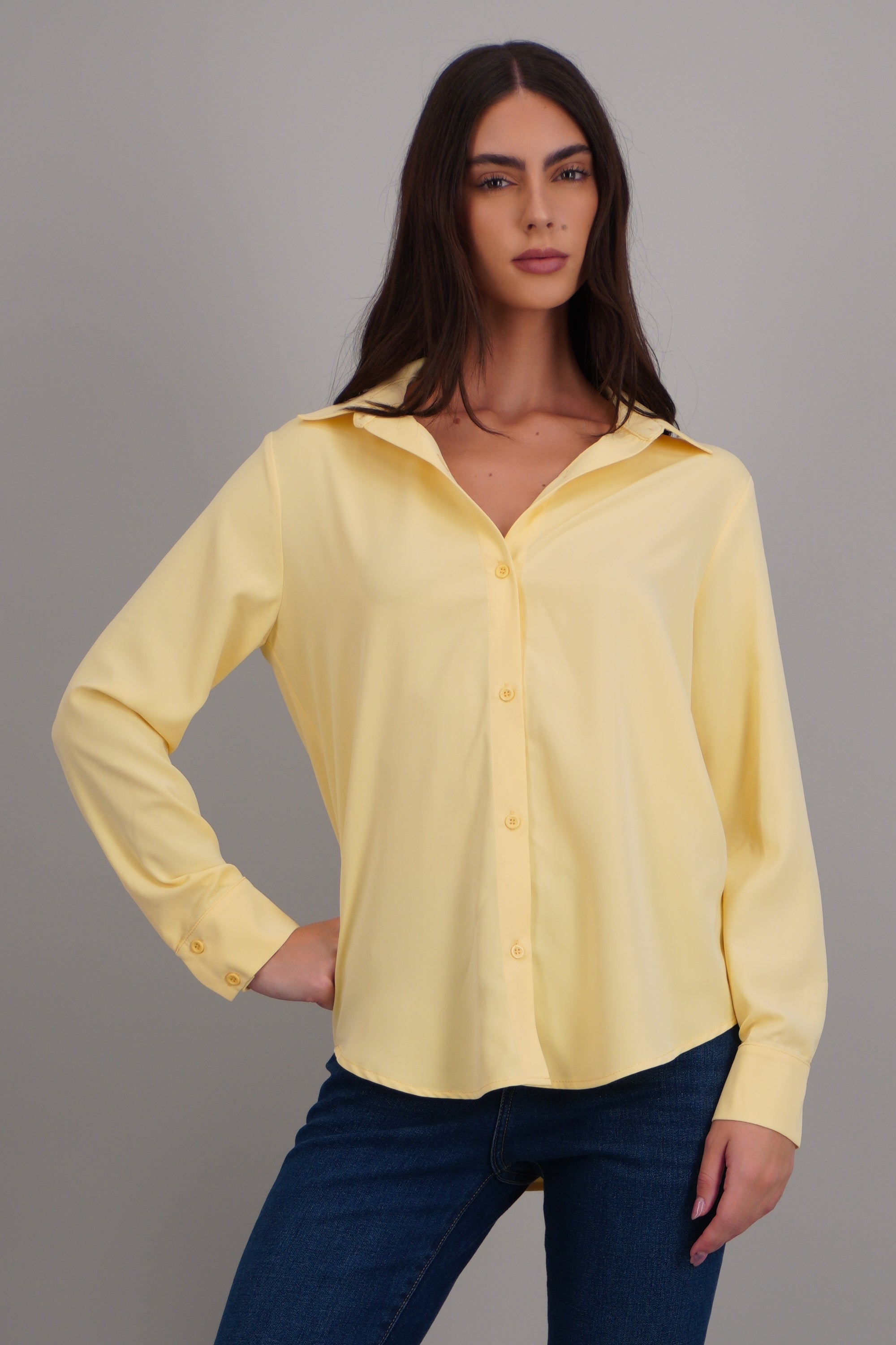 Camisa lisa manga larga botones AMARILLO PASTEL