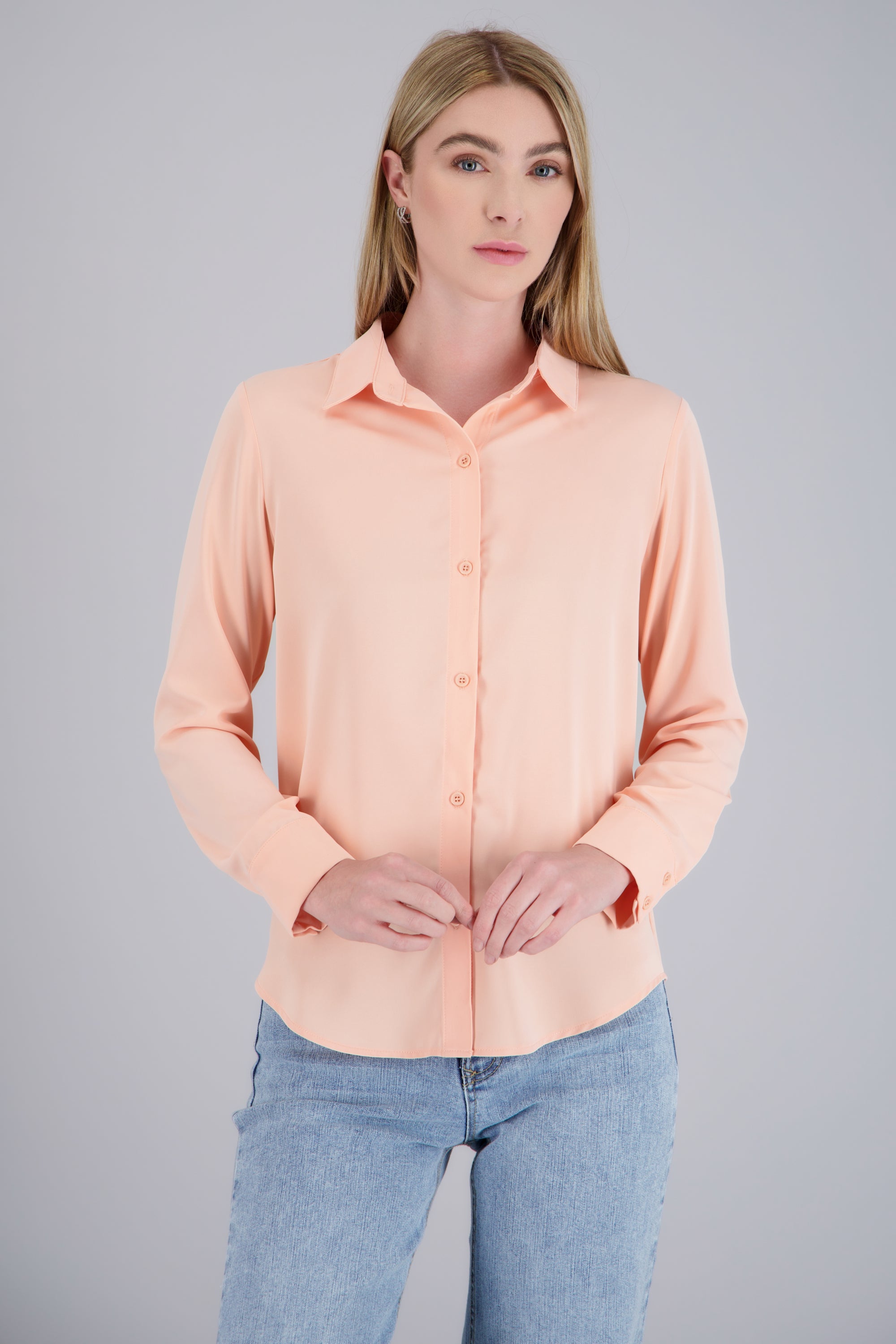 Camisa lisa manga larga botones DURAZNO