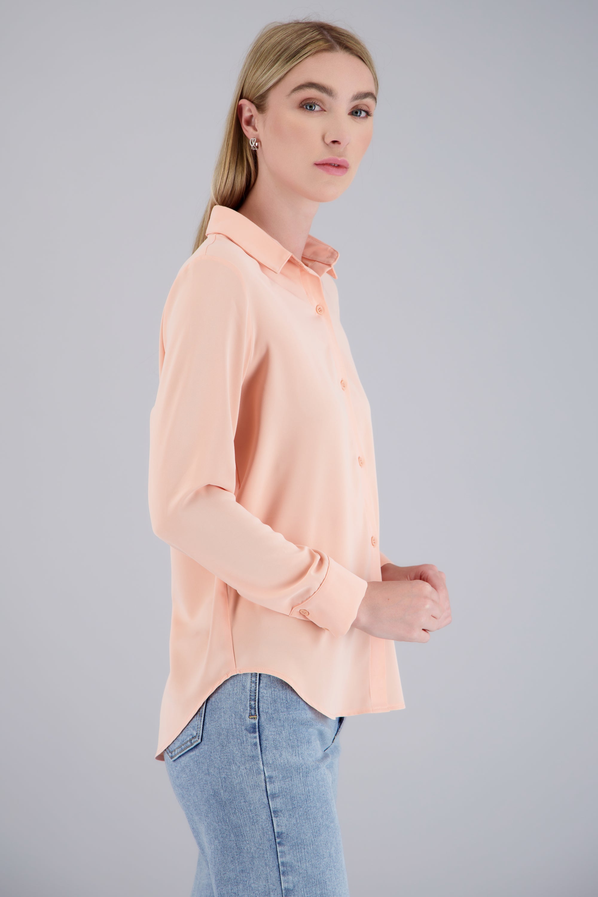 Camisa lisa manga larga botones DURAZNO