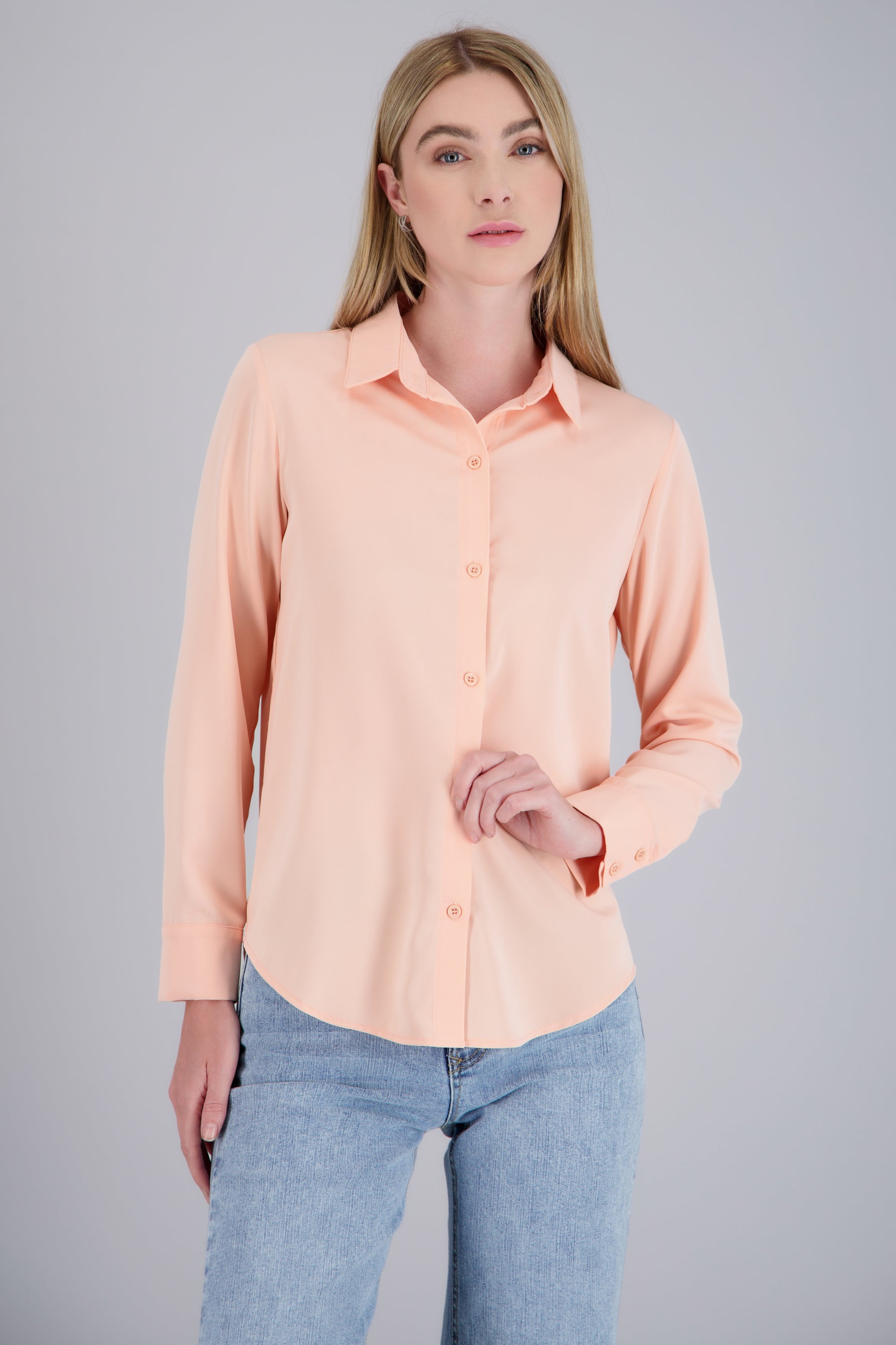 Camisa lisa manga larga botones DURAZNO