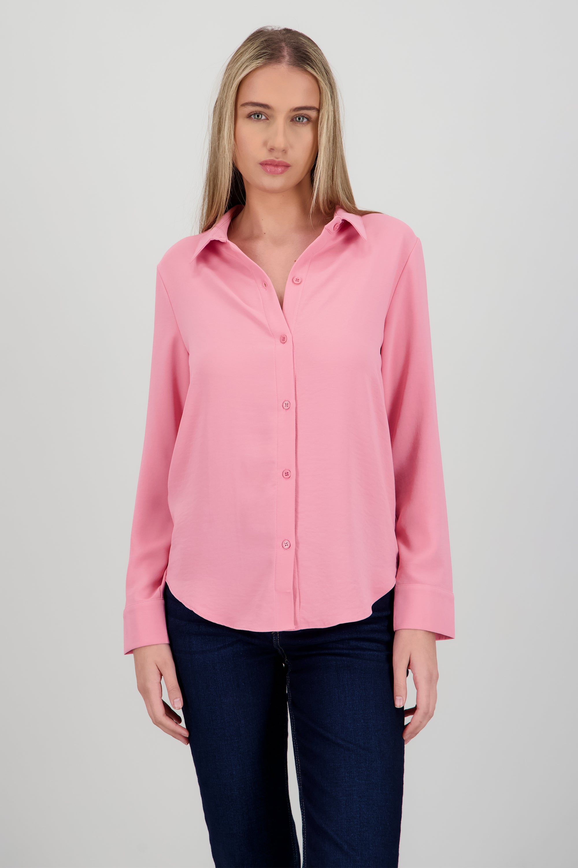 Camisa lisa manga larga botones ROSA