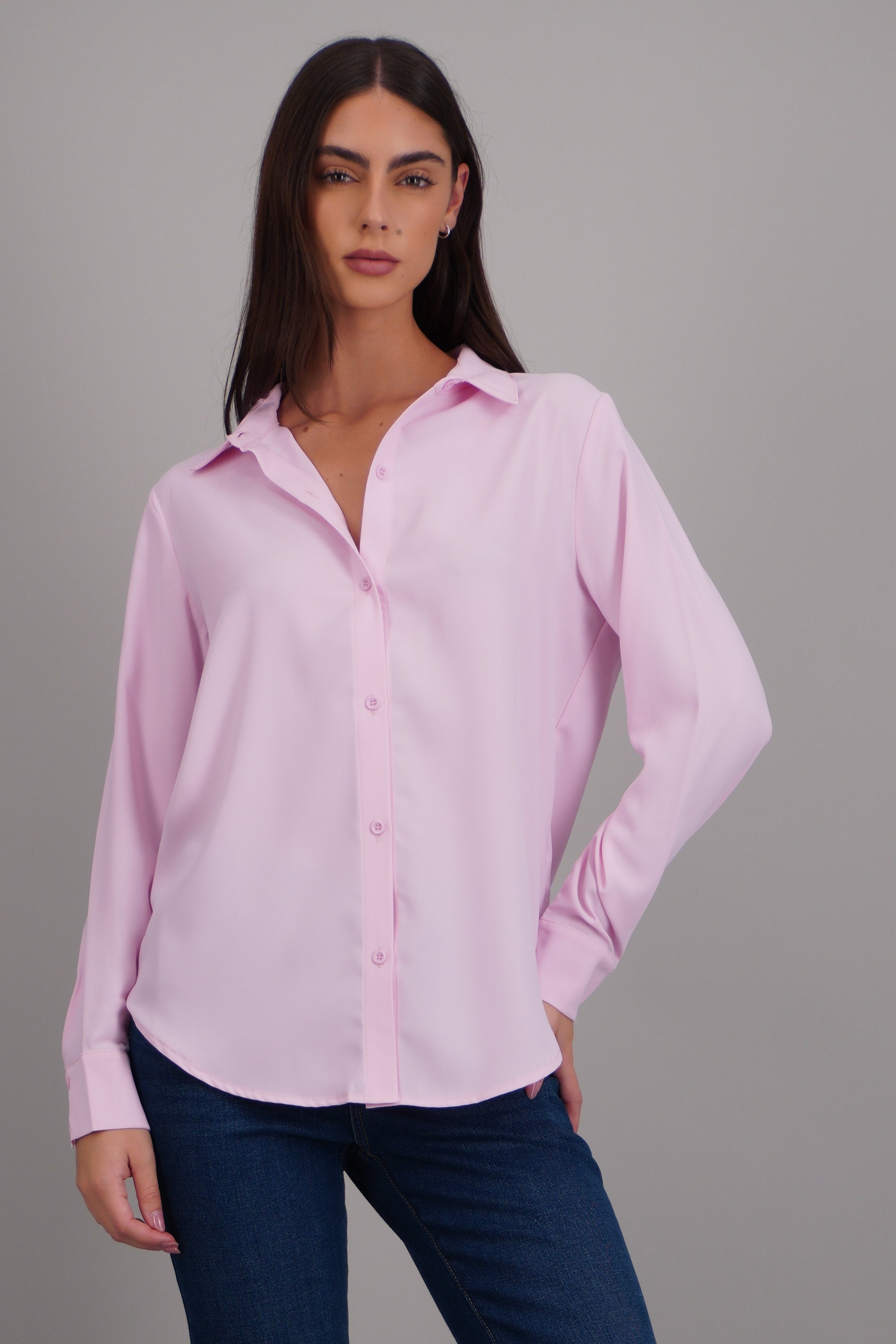Camisa lisa manga larga botones ROSA PASTEL