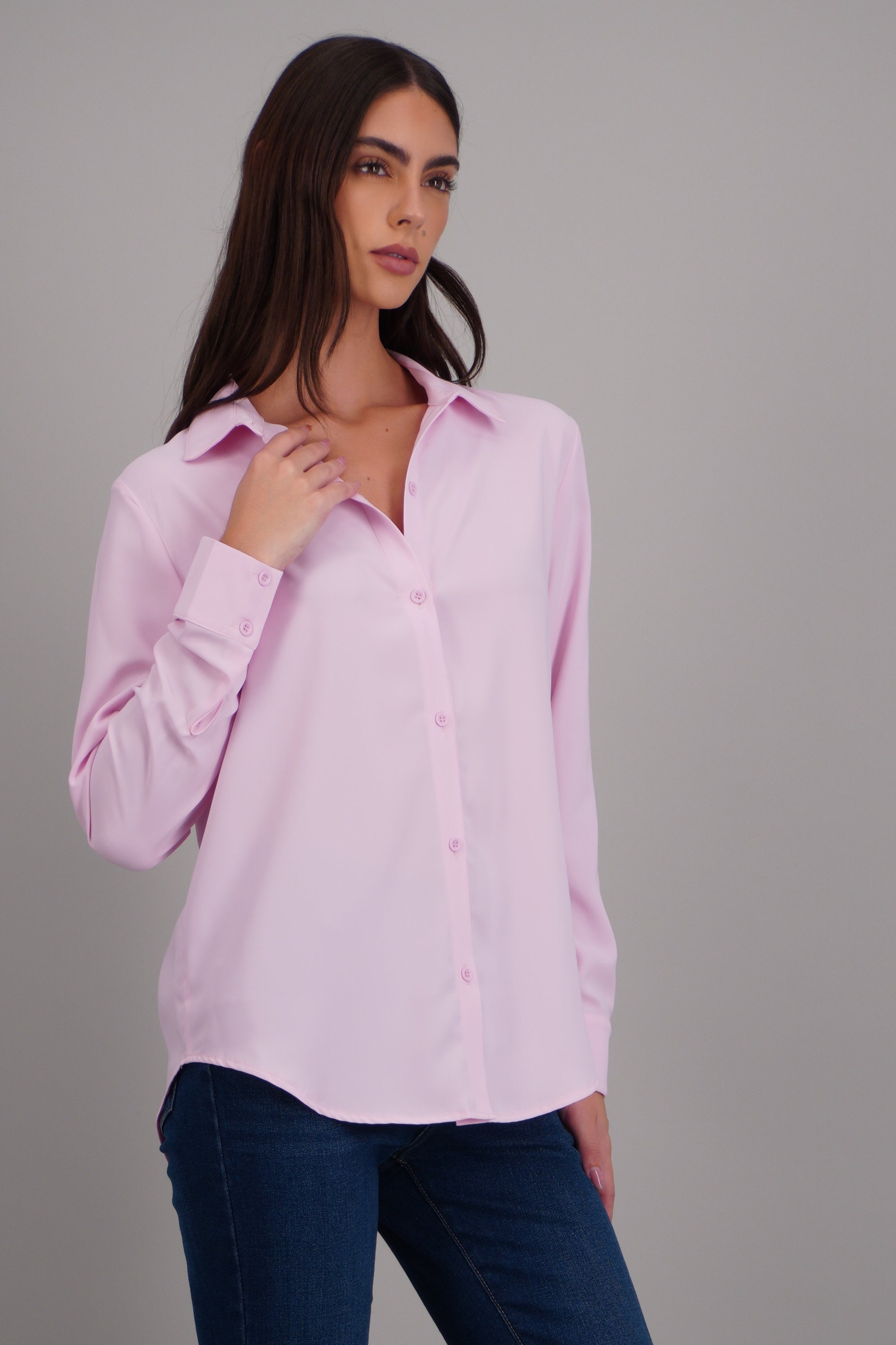 Camisa lisa manga larga botones ROSA PASTEL