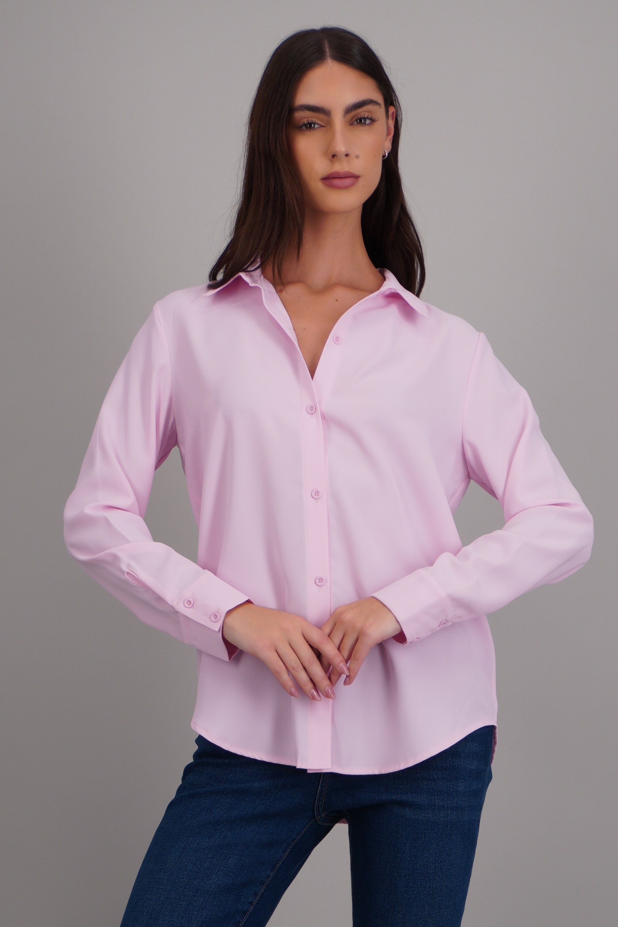 Camisa lisa manga larga botones ROSA PASTEL