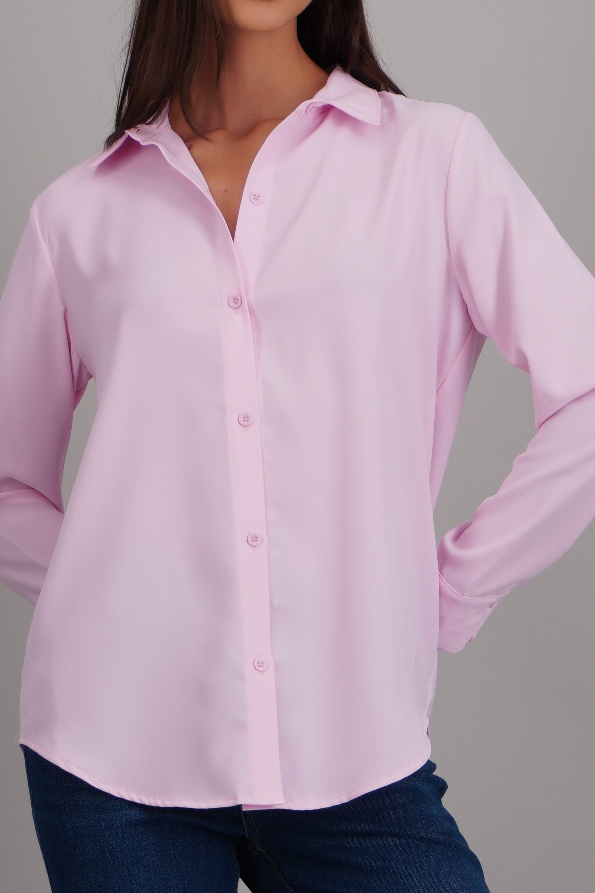 Camisa lisa manga larga botones ROSA PASTEL