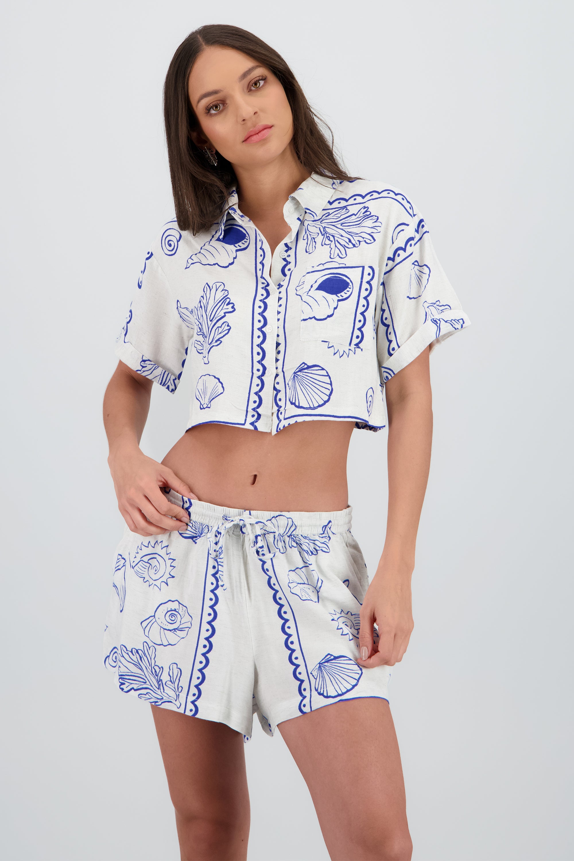 Camisa con mini prints de manga corta AZUL COMBO