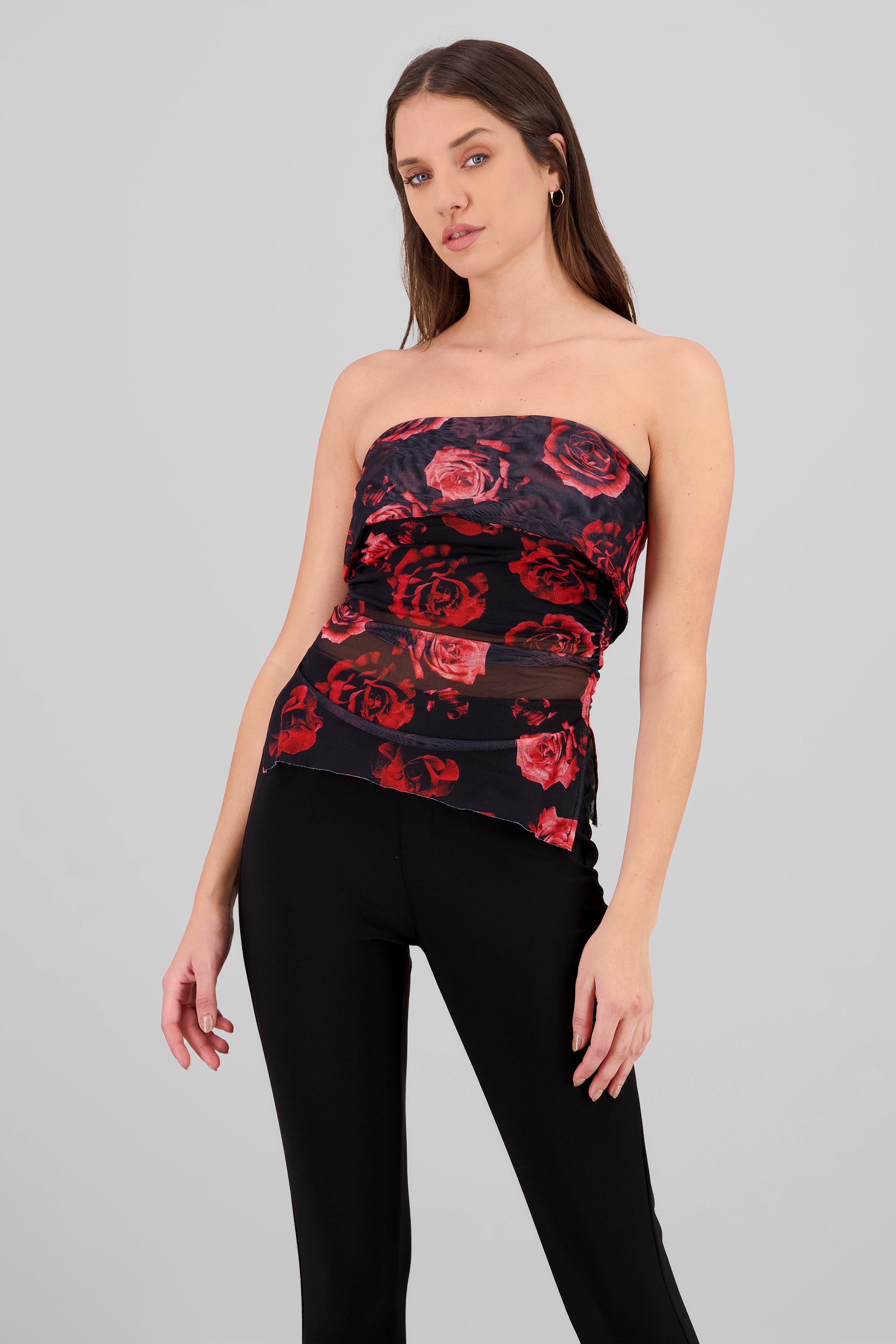 Top strapless mesh flores NEGRO COMBO