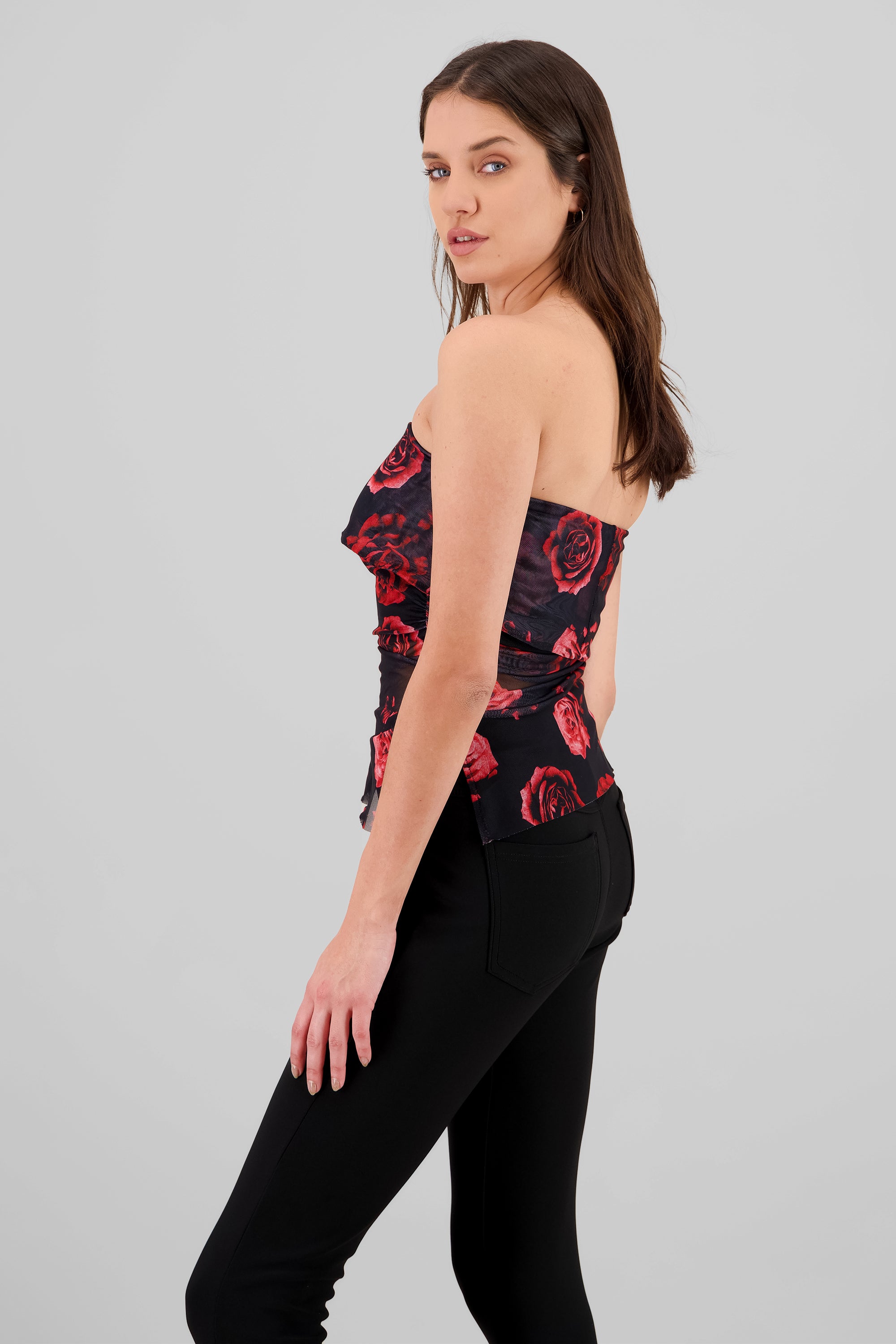 Top strapless mesh flores NEGRO COMBO