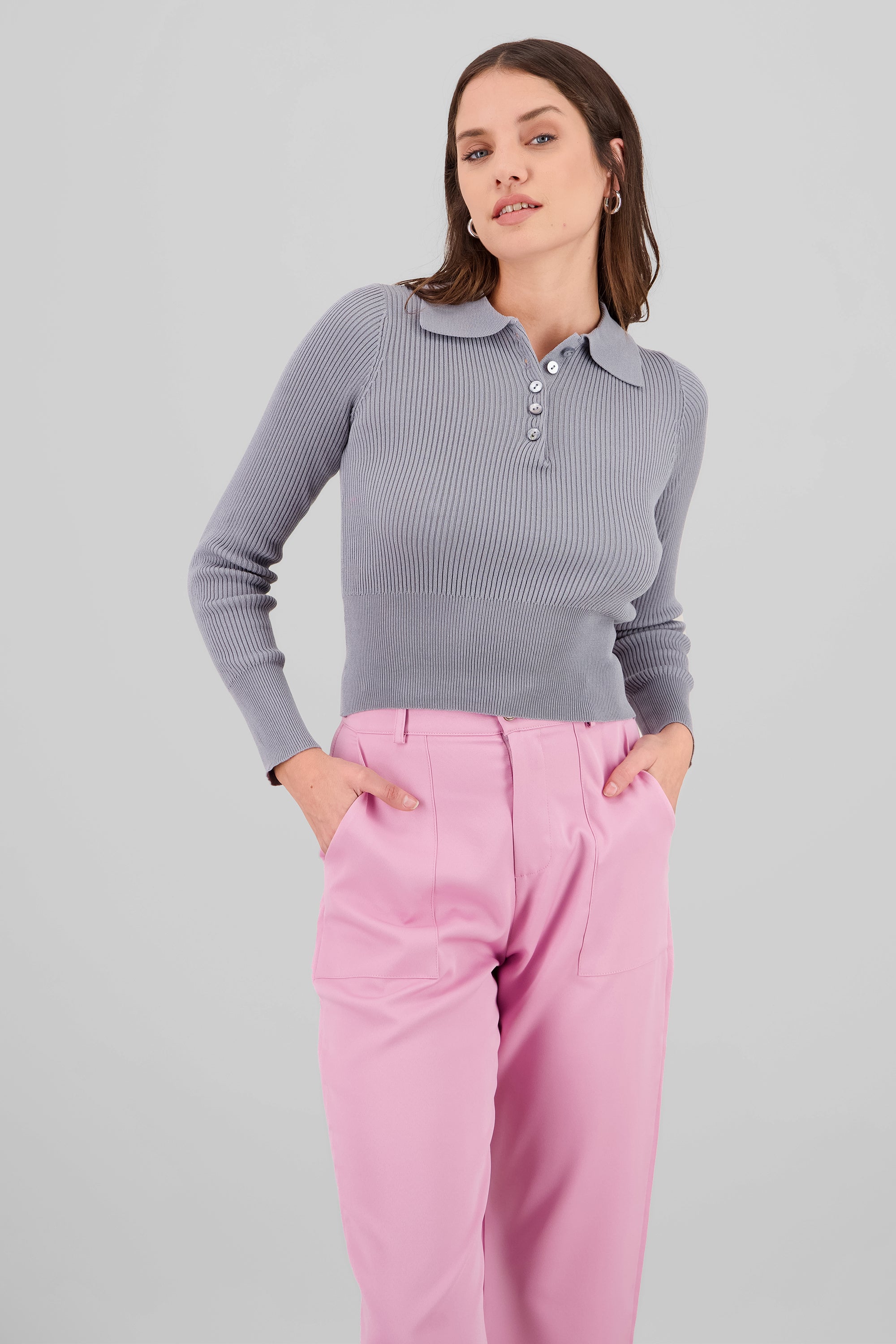 Sueter tejido ligero crop GRIS JASPE