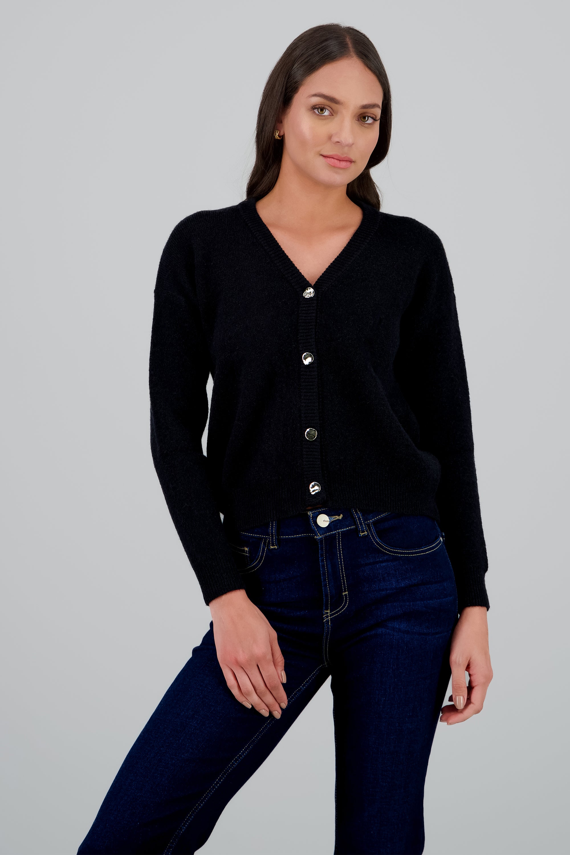 Cardigan liso con botones NEGRO