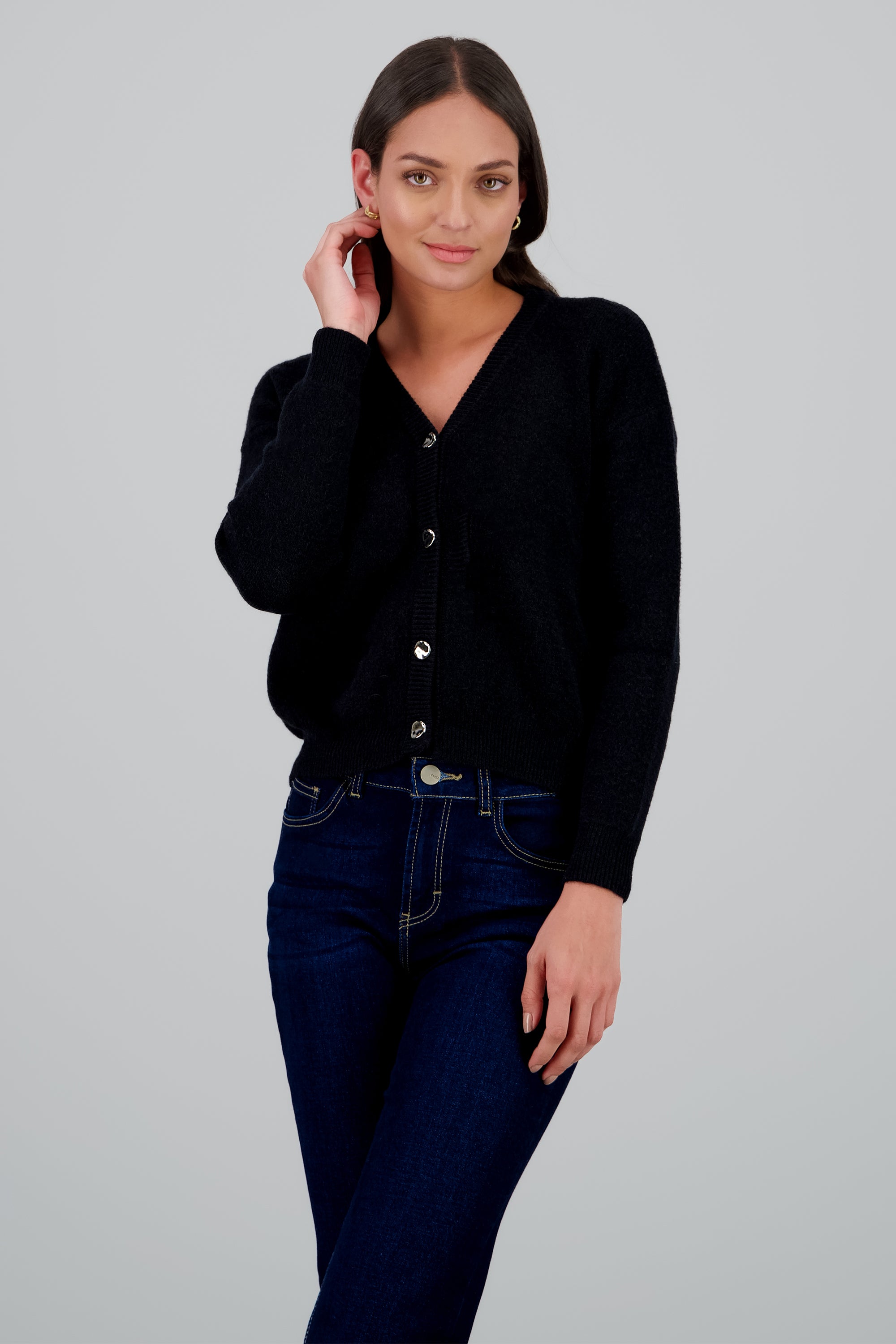 Cardigan liso con botones NEGRO