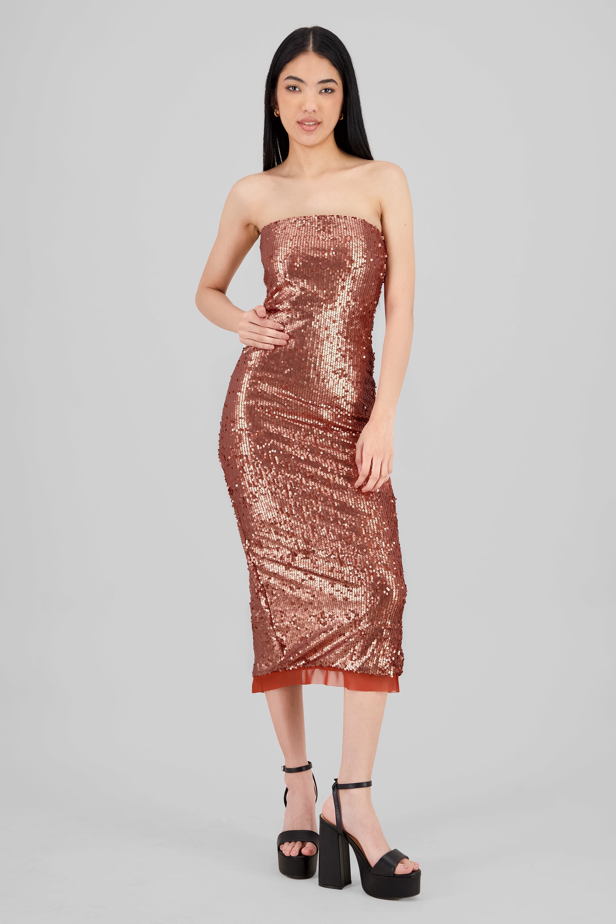 Vestido midi strapless lentejuelas ORO ROSA