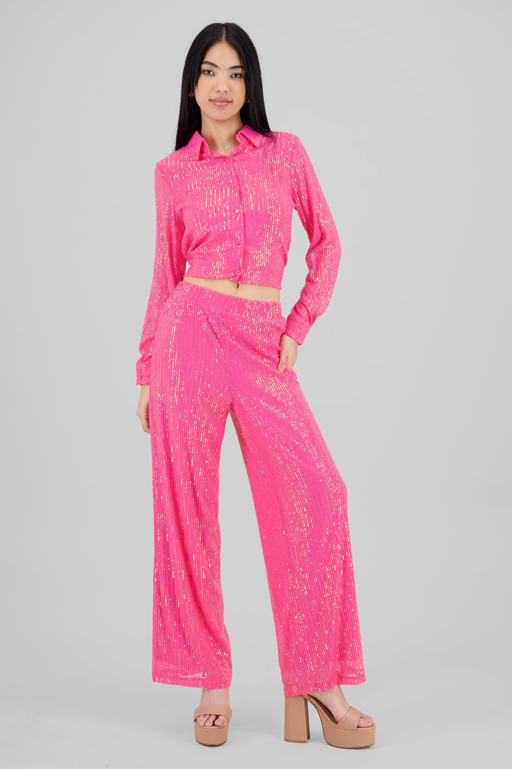 Pantalon amplio brillos ROSA